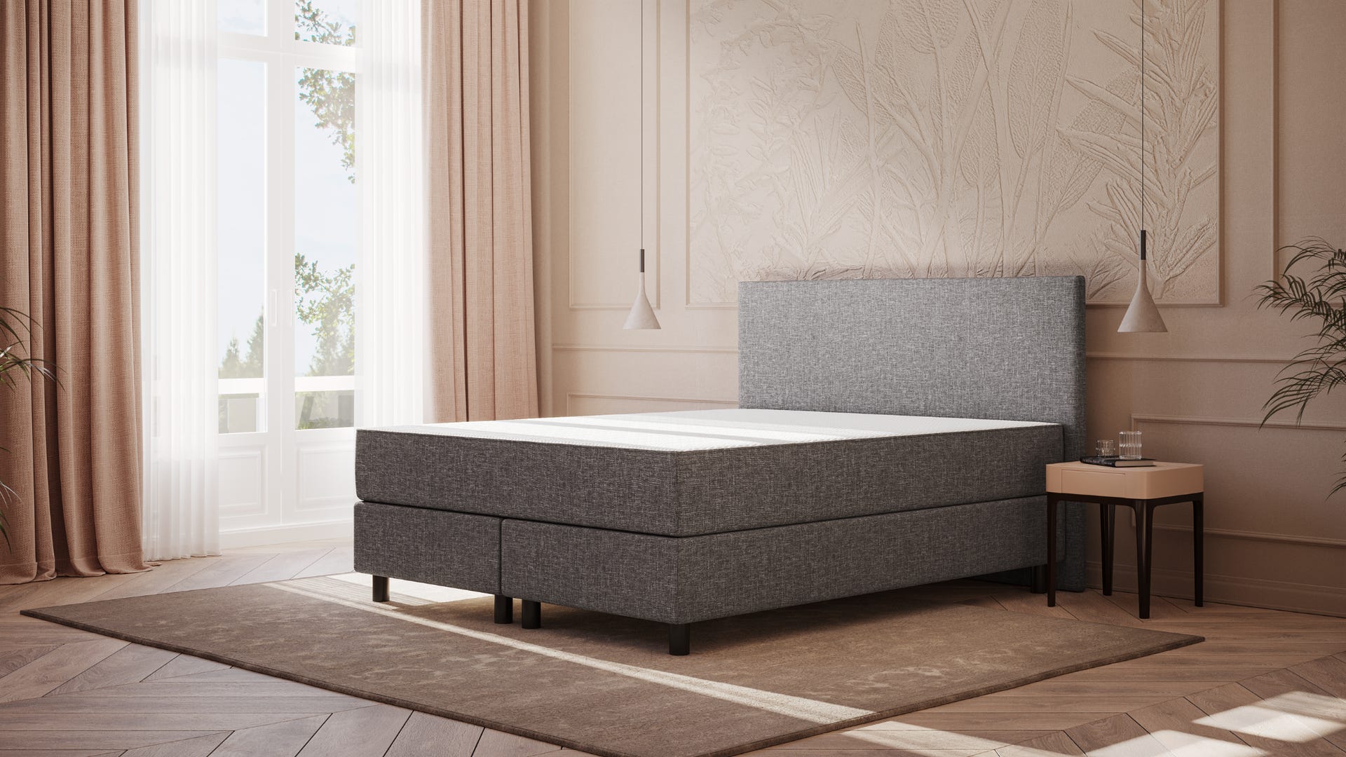Emma Deluxe Boxspring 180x210 - Donkergrijs - Klassiek Hoofdboord - Zwart Eiken