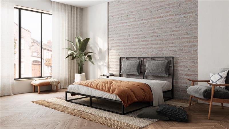 Metal Bed with Headboard and bed sheets