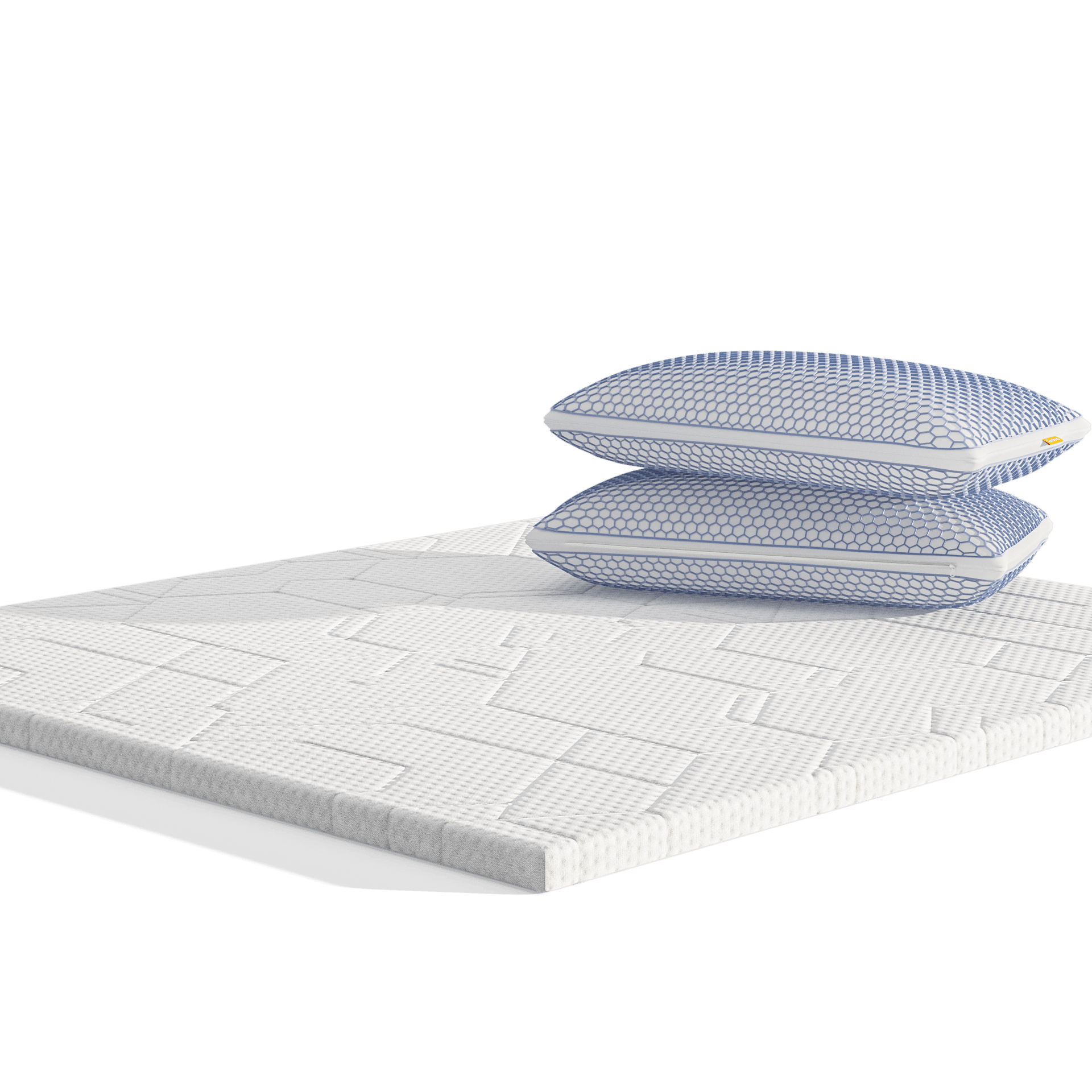 Uma imagem do Kit Topper Original Pro, que inclui um sobrecolchão Emma, e duas almofadas Microfibra Zero Gravity empilhadas