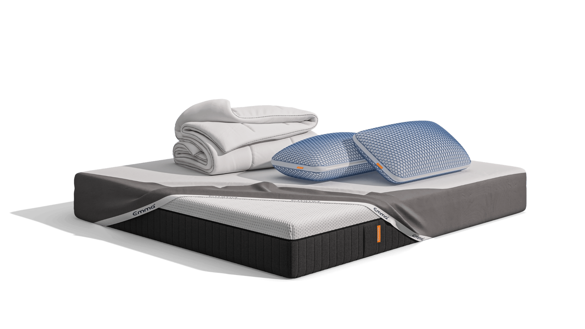 Uma imagem do Pack Todas Estações, que inclui um colchão Emma Original, Almofadas Emma Original Elite, um edredon 4 estações, e uma capa protetora