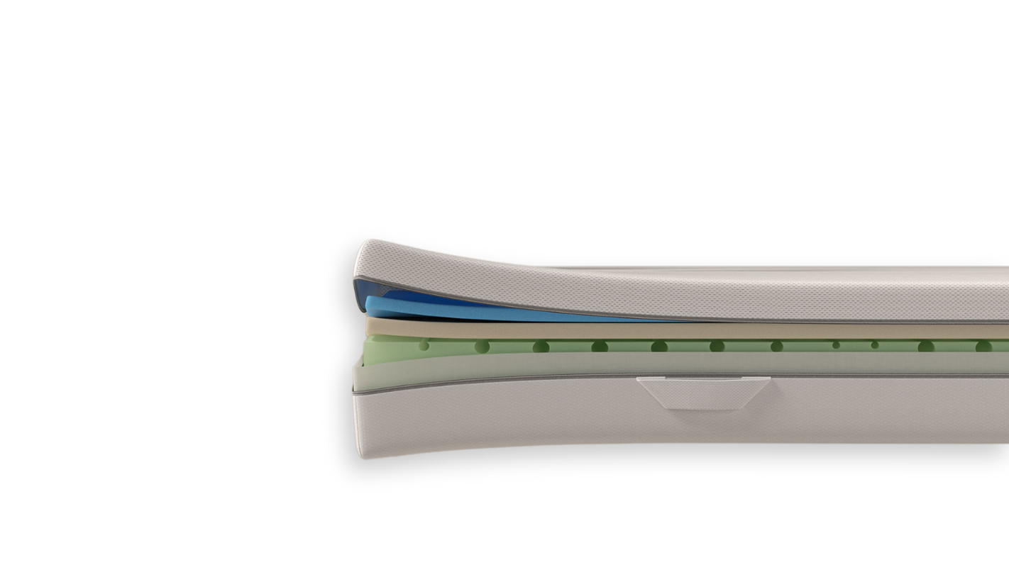 Aufgeschnittene Emma One Matratze mit sichtbaren Schichten.