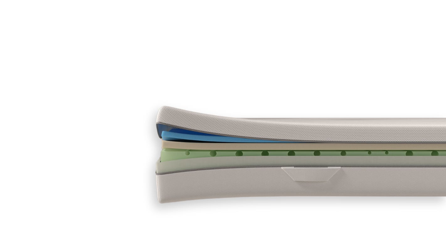 Aufgeschnittene Emma One Matratze mit sichtbaren Schichten.