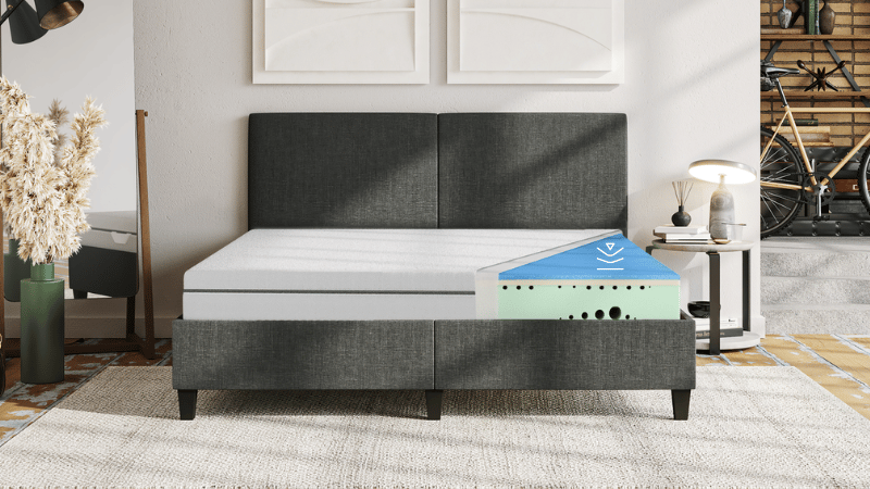Colchon Emma One en recámara con vista de las capas del colchón de espuma