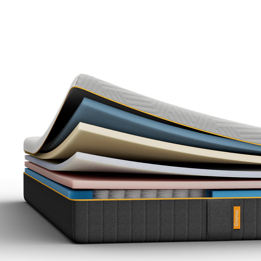 Emma Original Pro mattress cross-section with gold trim, showing quilted cover and foam layers over pocket springs.