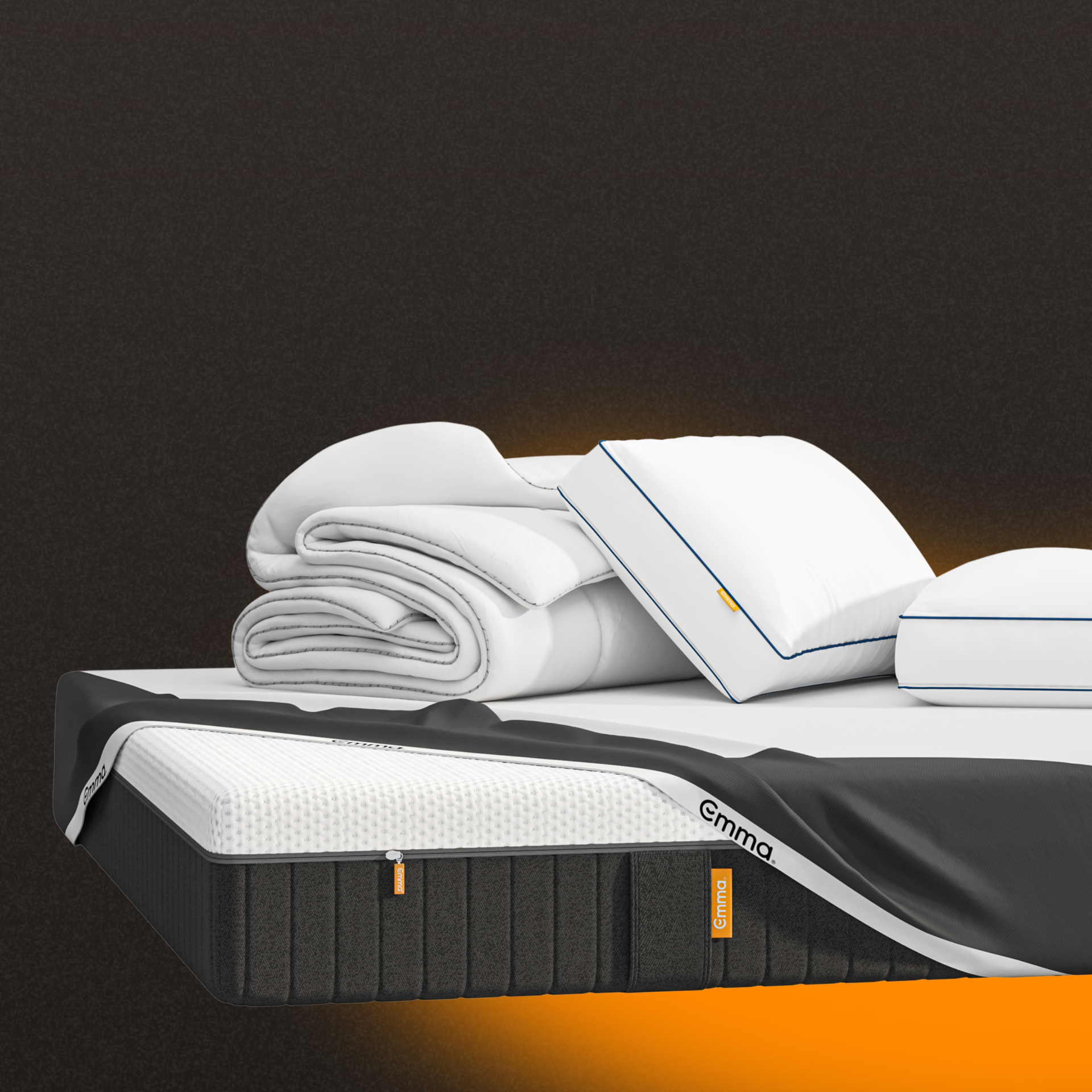 A mattress with a mattress protector, pillows and duvet on a dark background. 