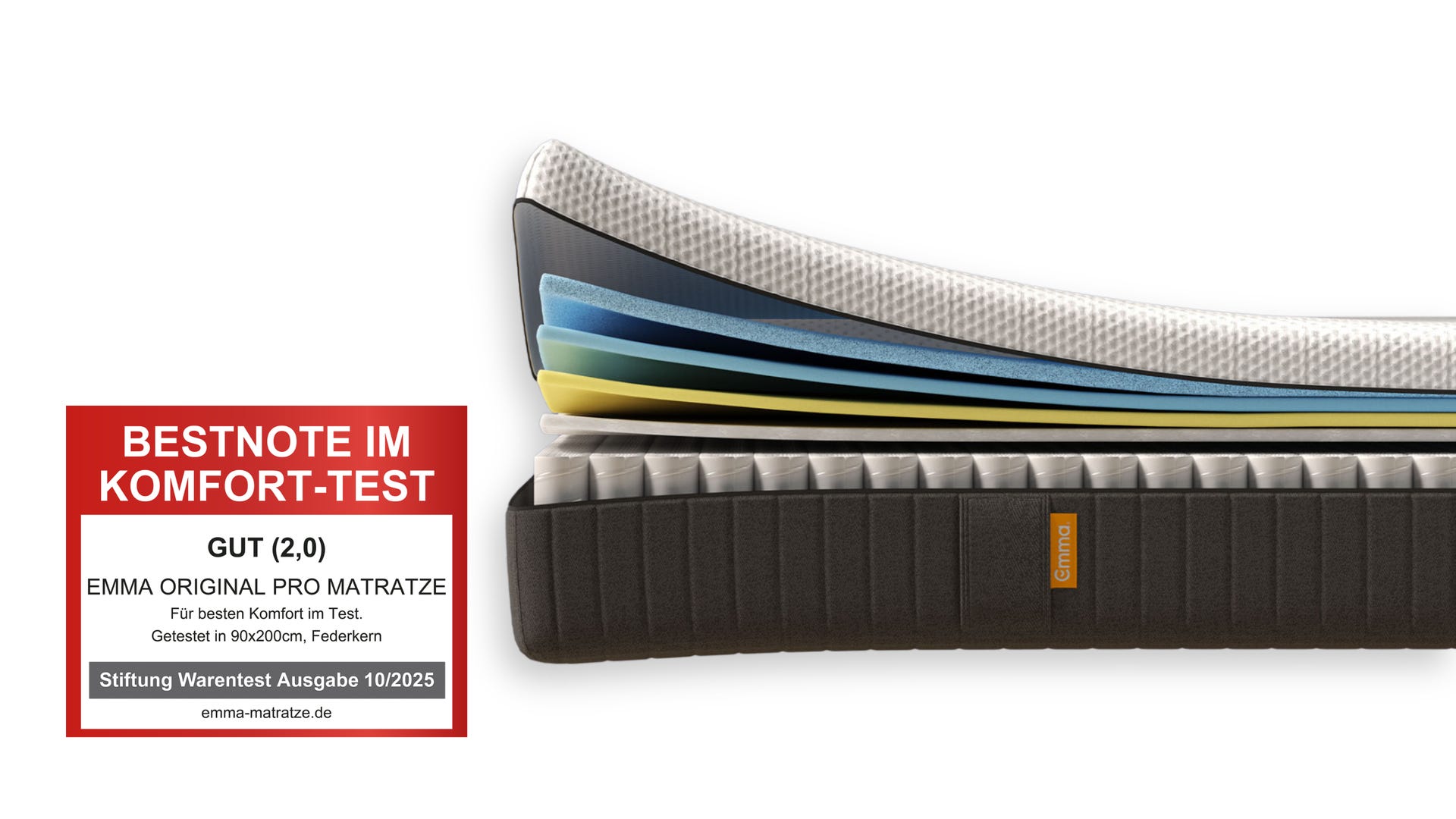 Aufgeschnittene Emma Original Pro Matratze mit sichtbaren Schichten und "Bestnote im Komfort-Test" Siegel.