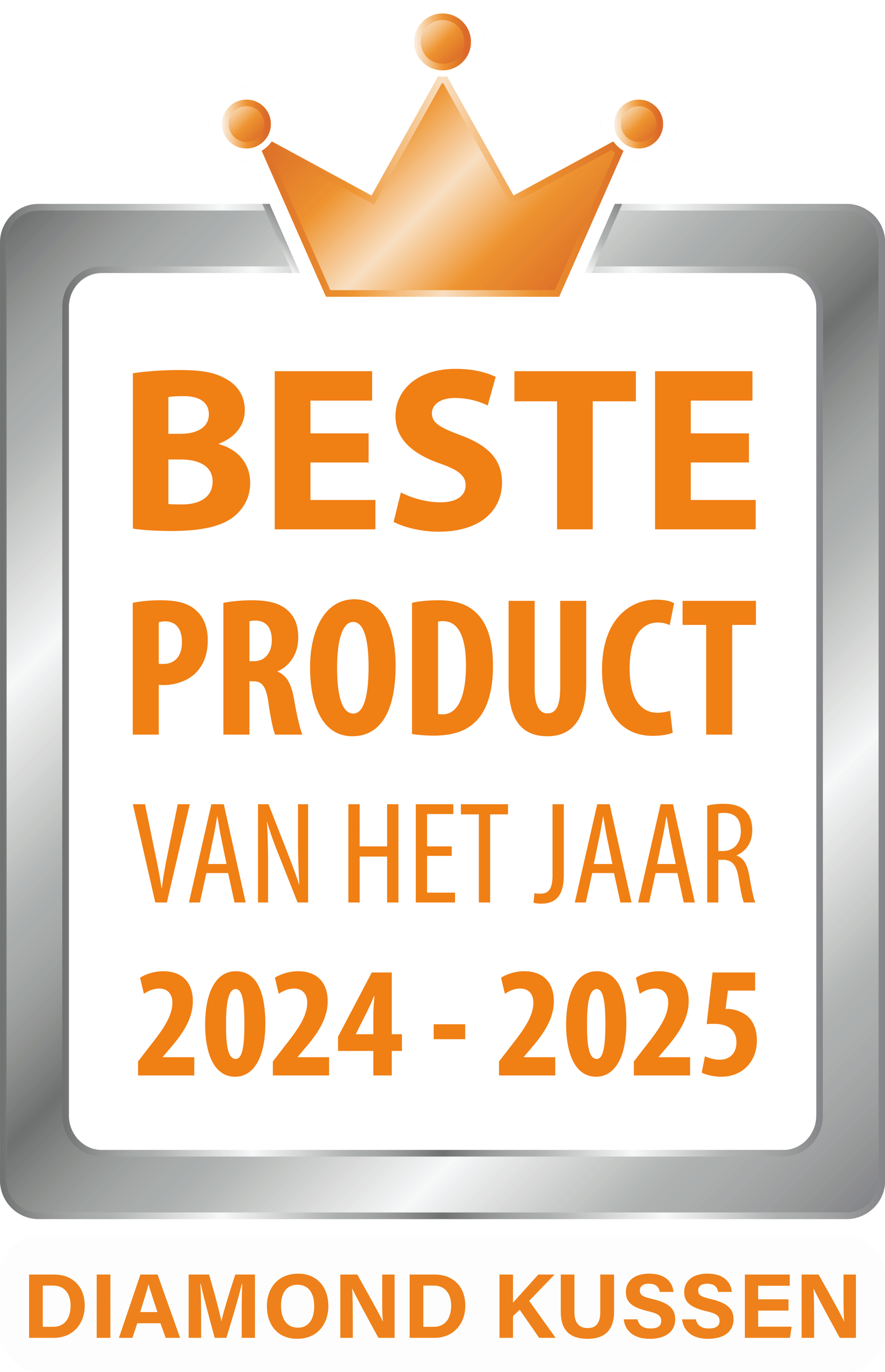 Logo met kroon en tekst 'Beste Product van het Jaar 2024 - 2025, Diamond Kussen'.