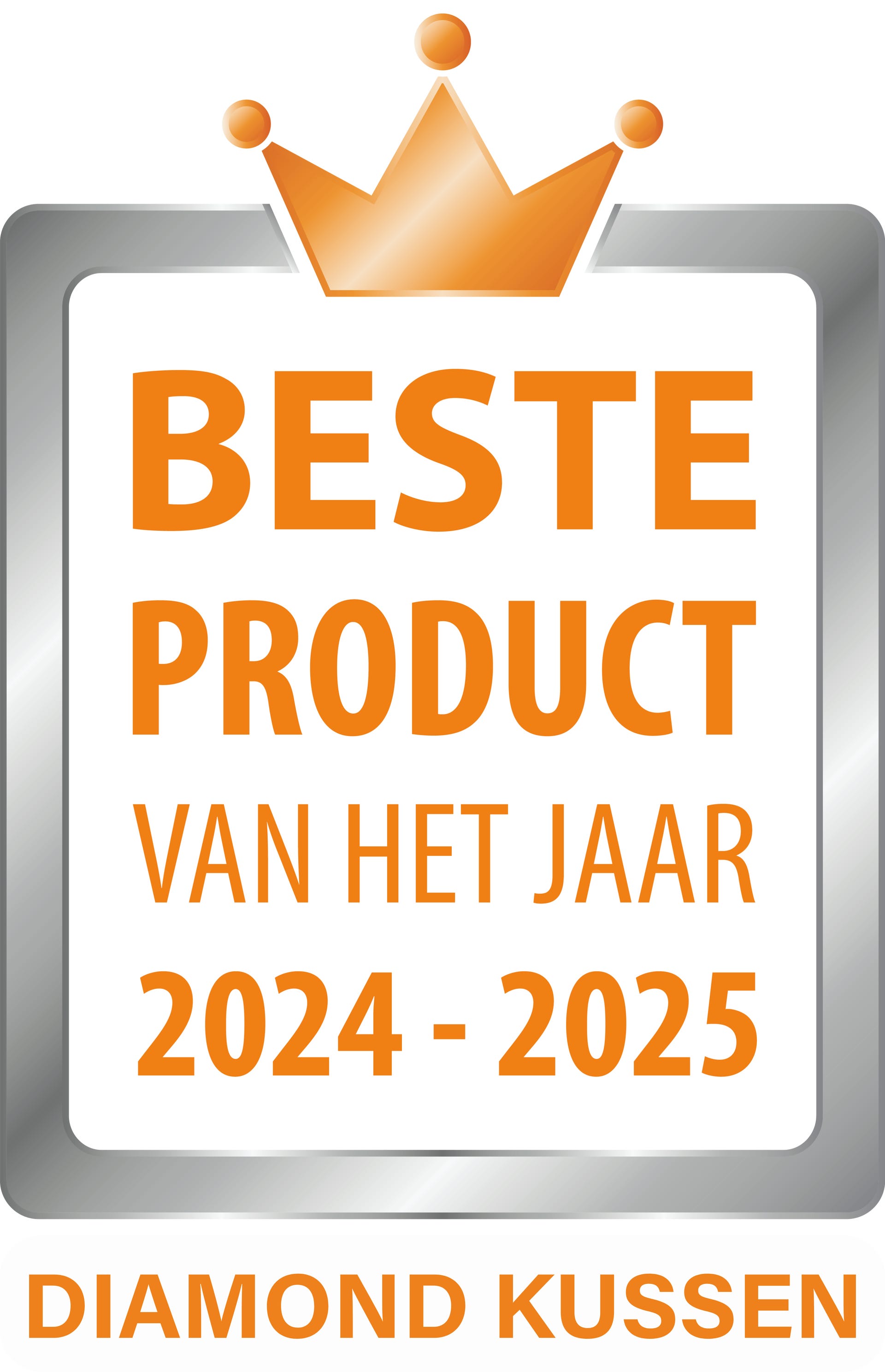 Logo met kroon en tekst 'Beste Product van het Jaar 2024 - 2025, Diamond Kussen'.