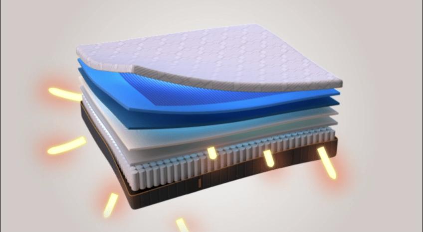 Strati di materasso AirGrid® con effetto luce, simbolo di freschezza e supporto.