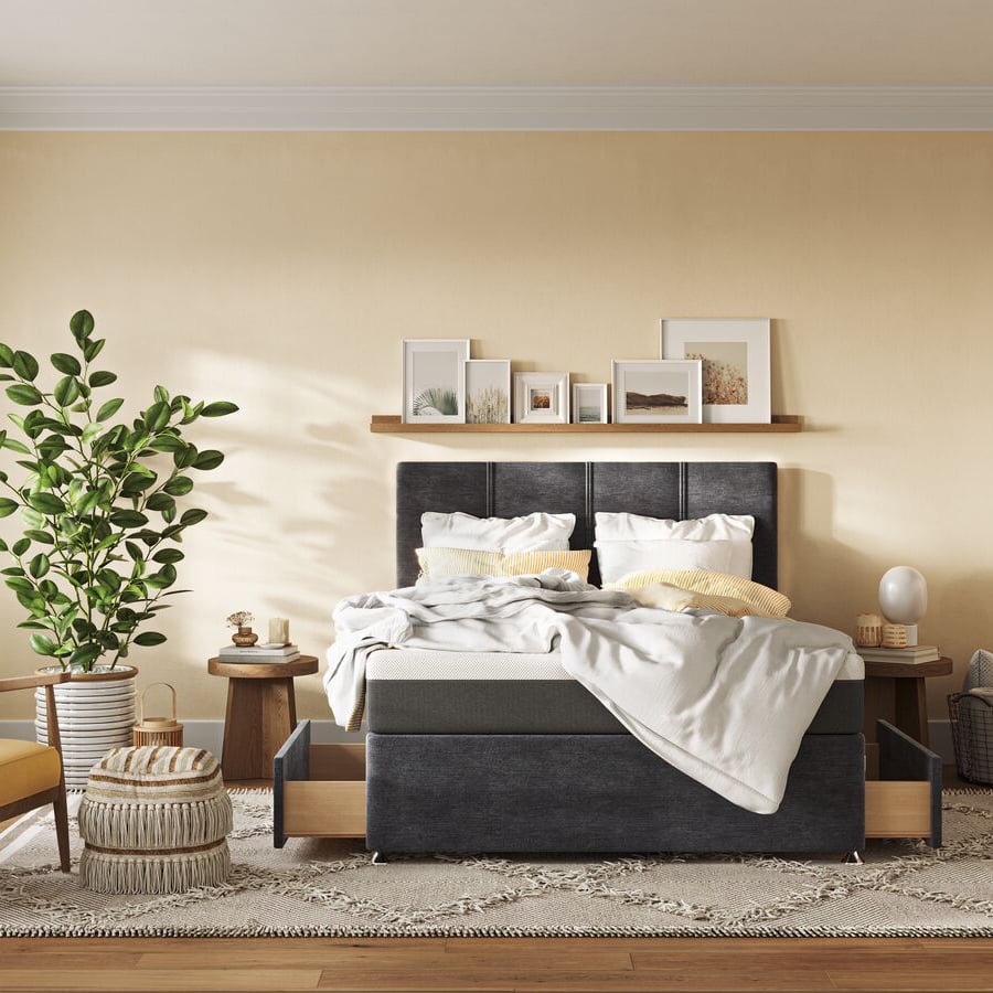 Emma Gray Divan bed Open Storage Drawers, Mattress and Pillows