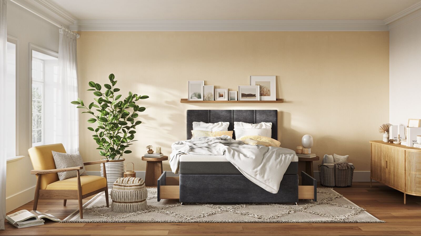 Emma Gray Divan bed Open Storage Drawers, Mattress and Pillows