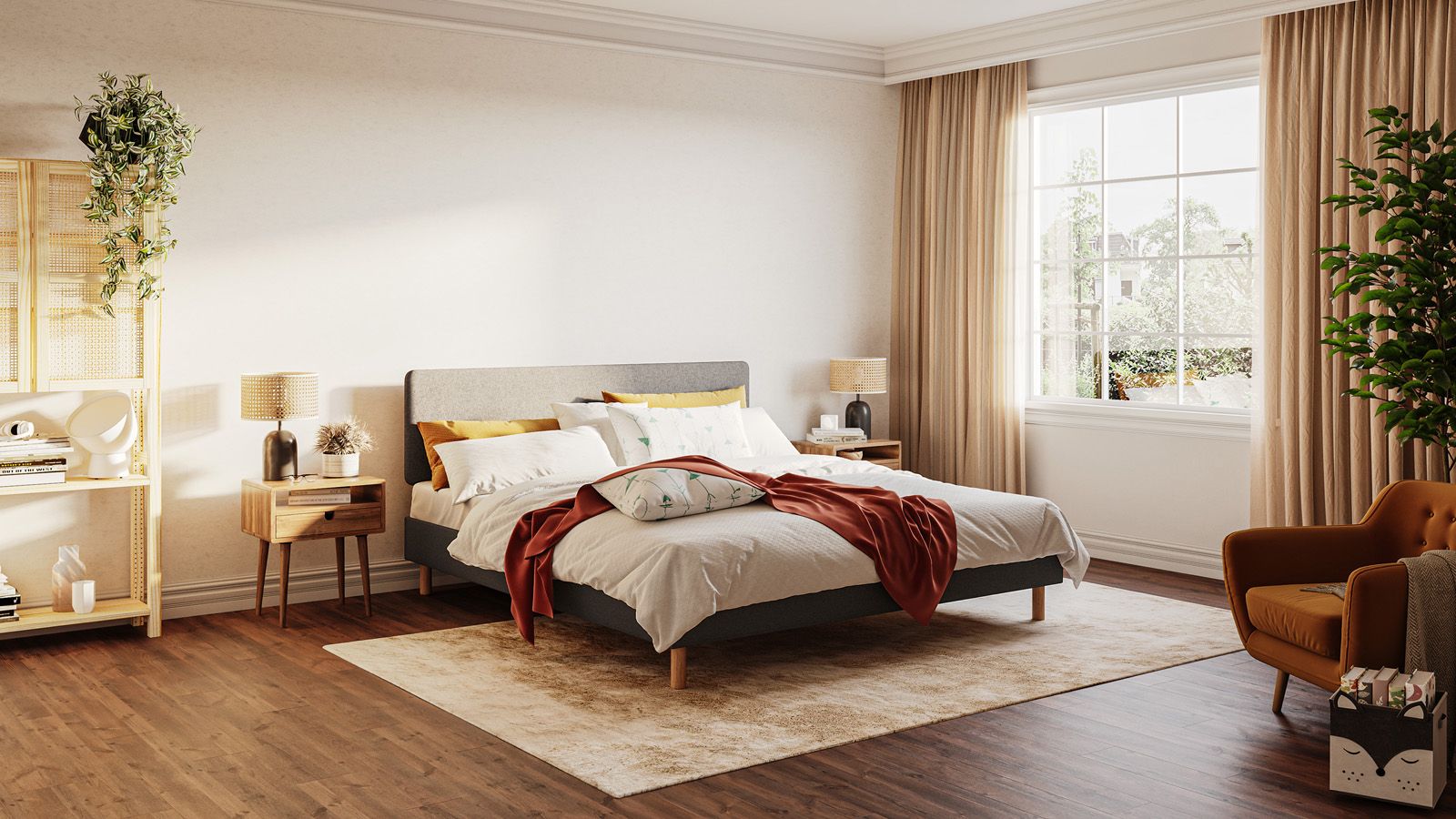Emma Boxbed gris avec tête de lit rembourrée et pieds en bois, dans une chambre chaleureuse avec une grande fenêtre.