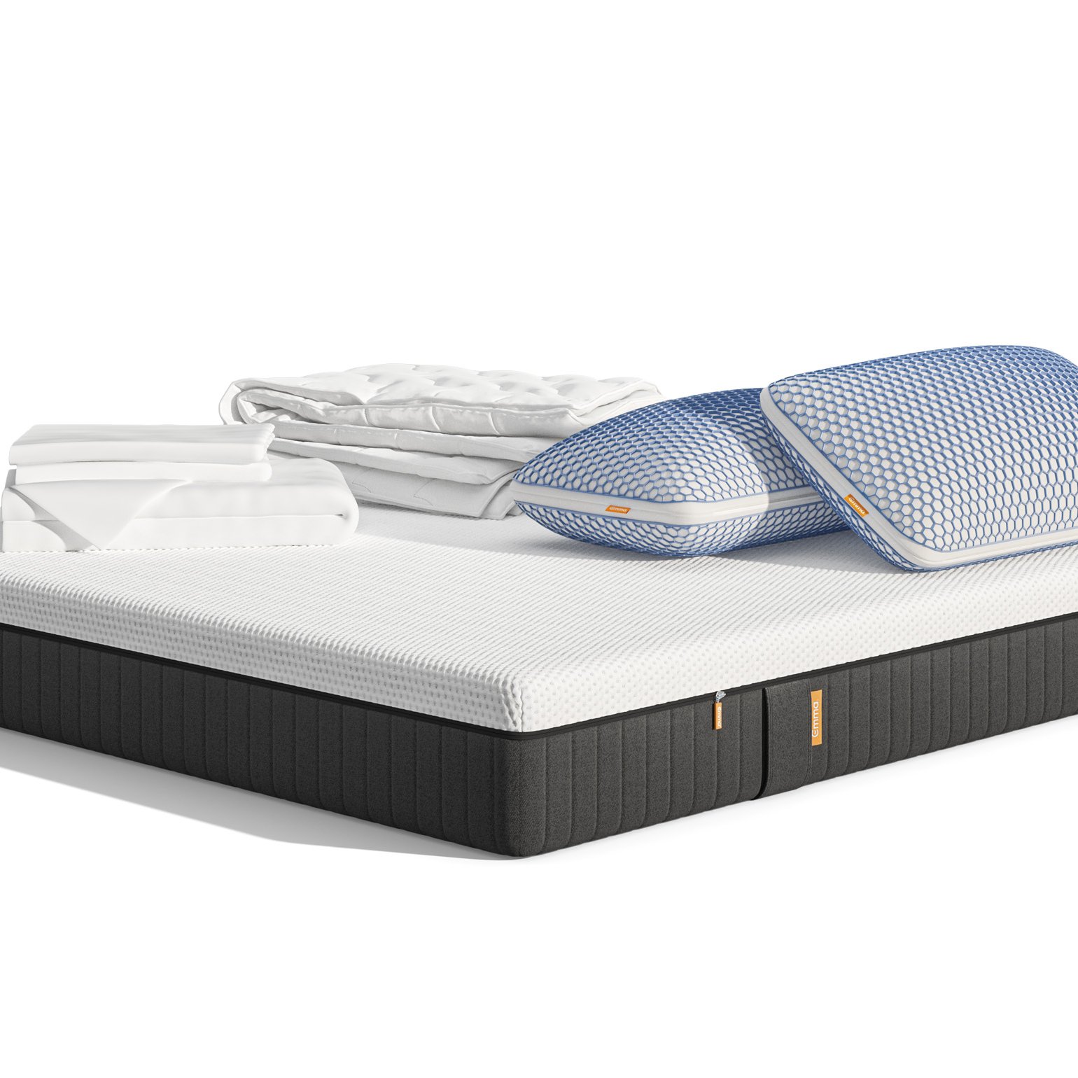 Uma imagem do Pack Conforto Pro+ Plus, que inclui um colchão Original Pro+, Almofadas Emma Original Microfibra Elite, e um edredon Emma quente e roupa de cama