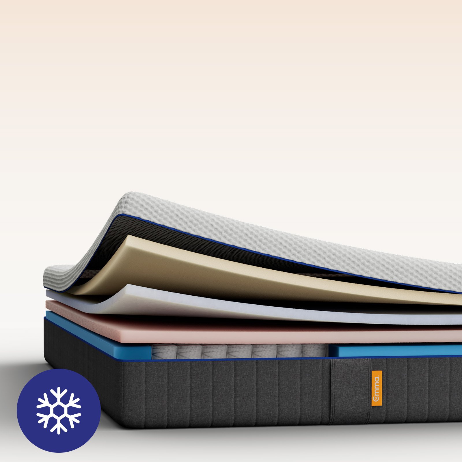 Emma Original mattress layers view showing multiple foam layers including a blue foam layer, with a cooling badge.
