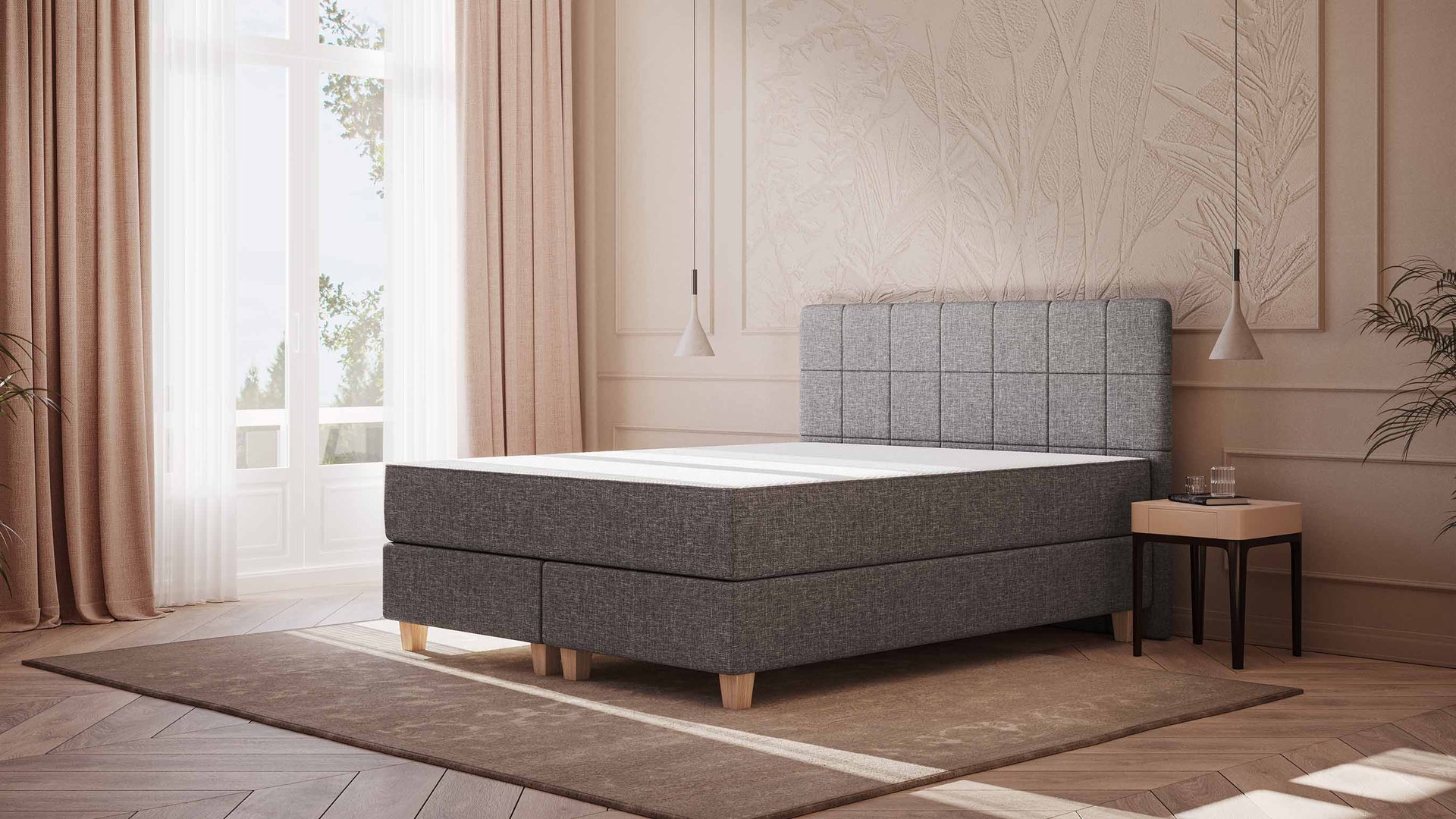 Emma Lit Boxspring Classique 180x200 cm – gris foncé – pieds en bois – tête de lit matelassée