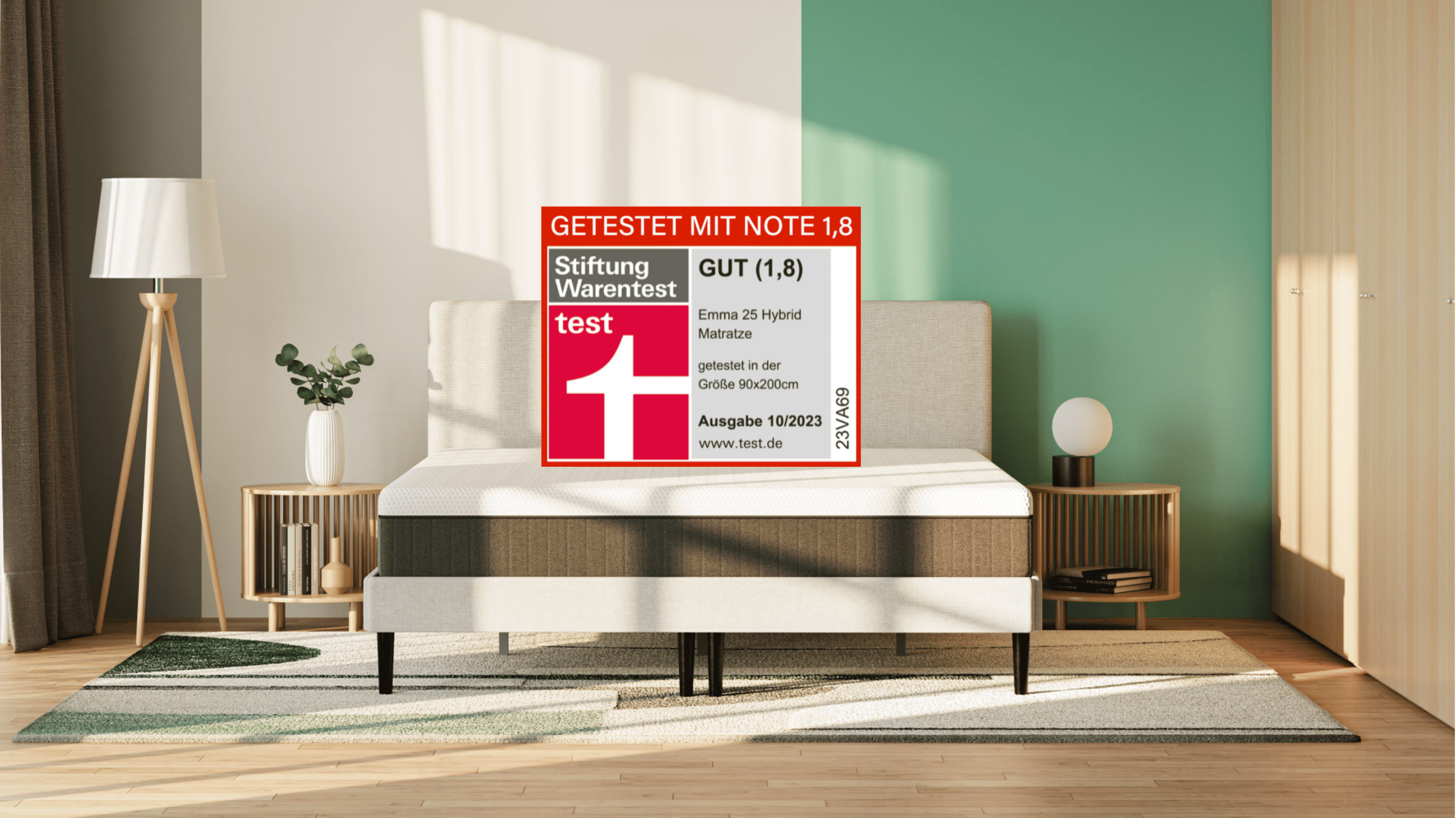 Emma 25 Hybrid Matratze mit Stiftung Warentest Note 1,8 (Gut), getestet in Größe 90x200 cm, Ausgabe 10/2023.