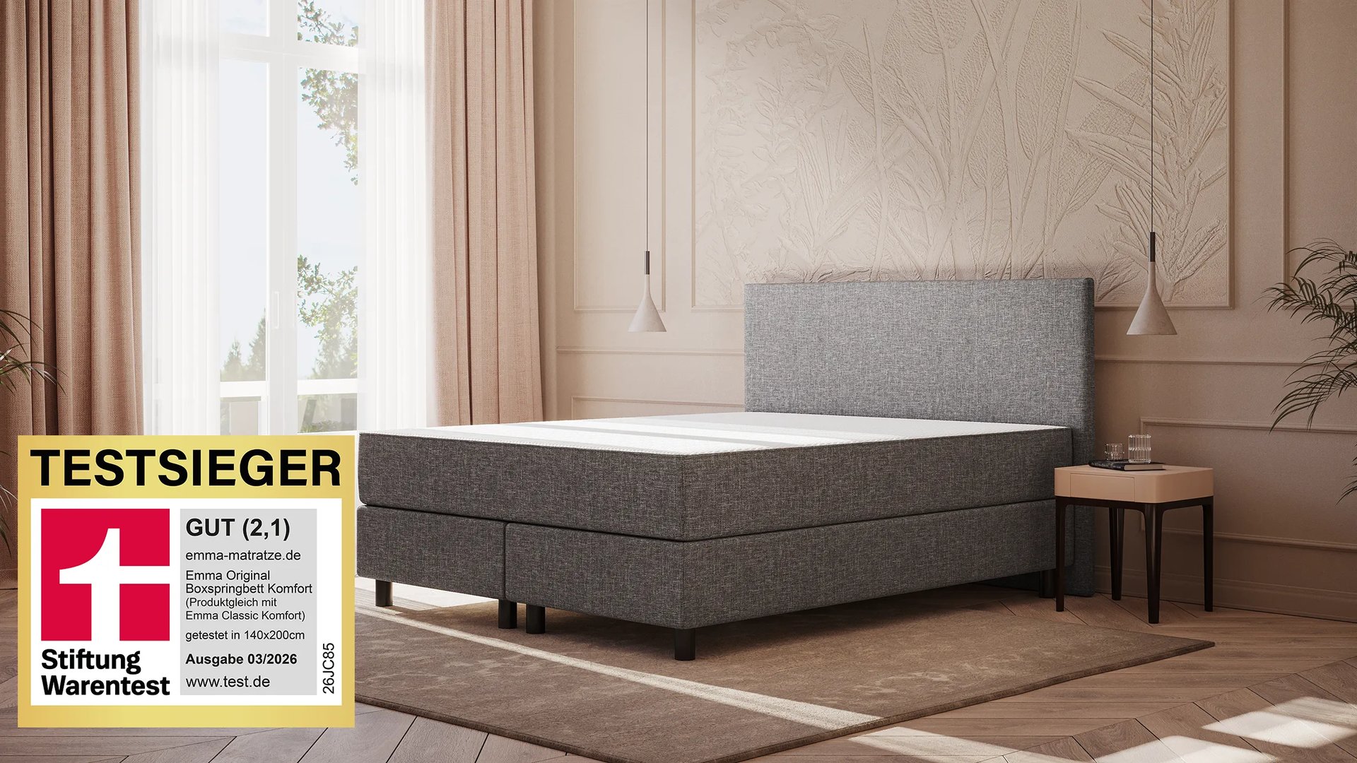 Emma Original Boxspringbett Komfort 140x200cm - Dunkelgrau - Füße Schwarz - Kopfteil klassisch
