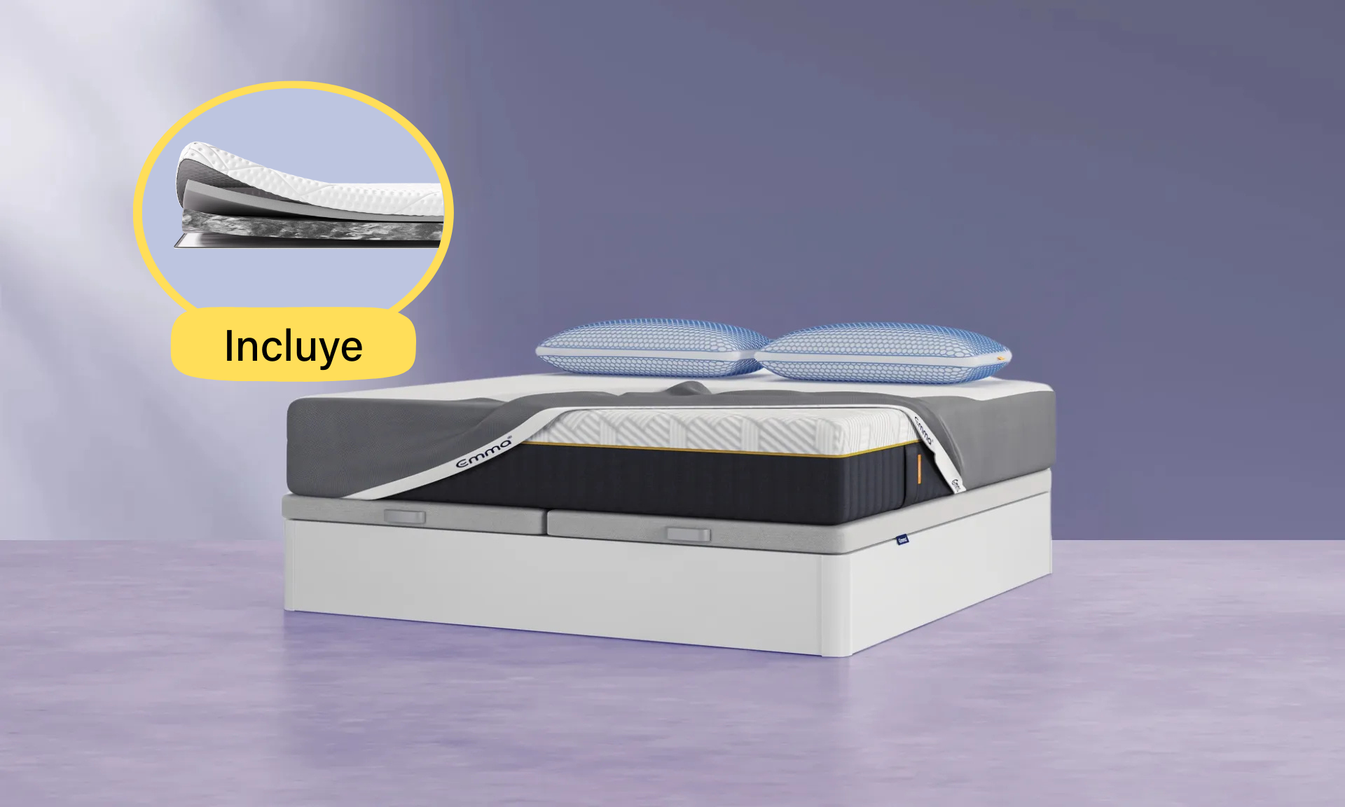 Canapé con colchon hybrid elite y almohadas viscoelásticas elite