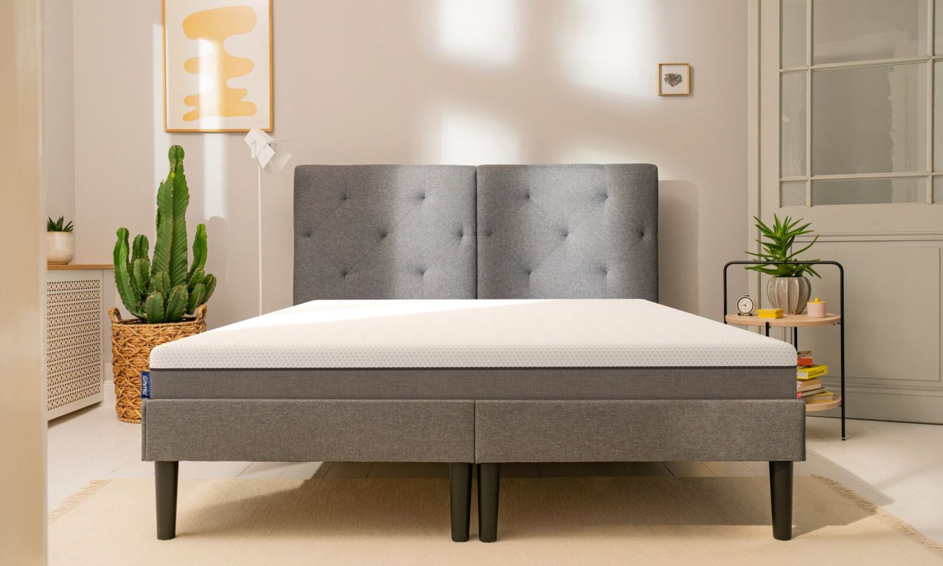 Camera moderna con letto grigio imbottito, cactus su cesta intrecciata, tavolino con libri e decorazioni, e pareti chiare