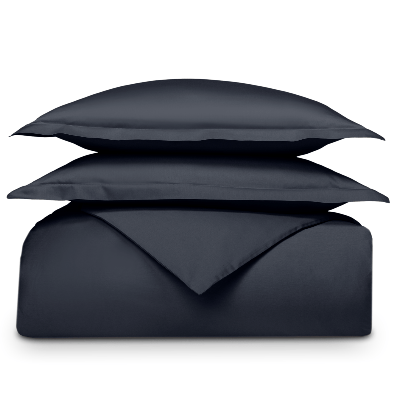 Uma imagem de um conjunto de roupa de cama Emma, mostrando fronhas de almofada e uma capa de edredon, em percale, em cinzento escuro, com um fundo branco