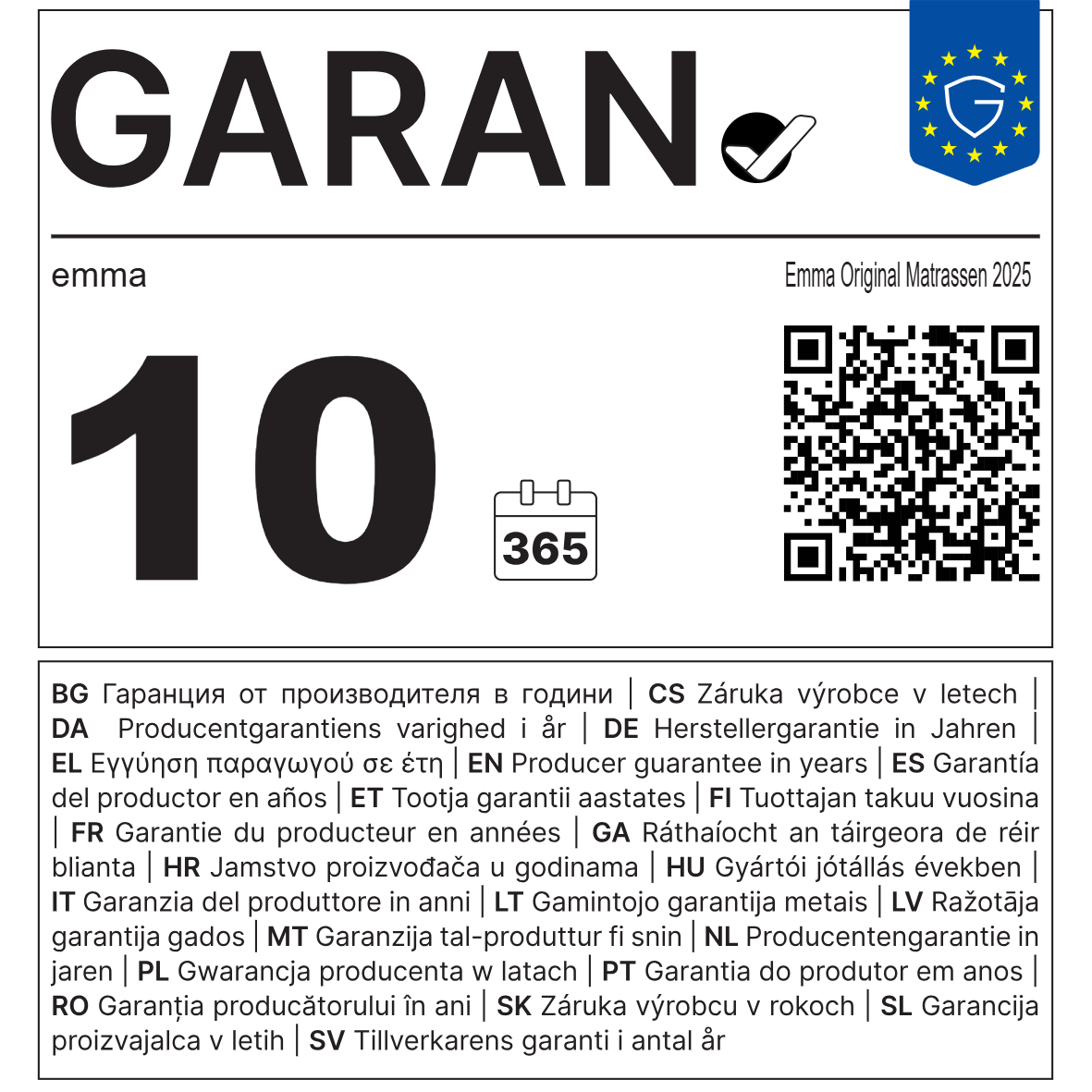 EU-garantielabel: 10 jaar garantie op de Emma Original Matras 2025.