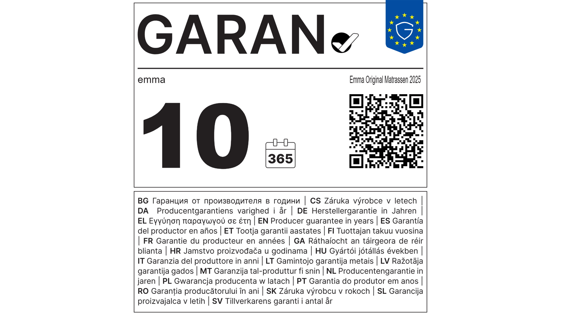 EU-garantielabel: 10 jaar garantie op de Emma Original Matras 2025.