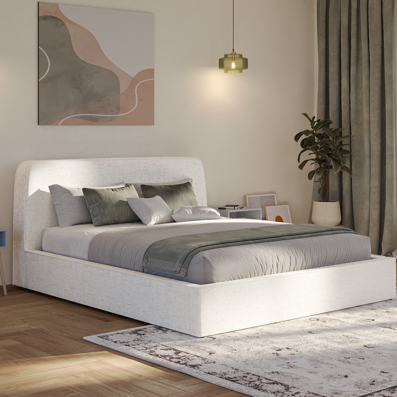 Emma storage bed in sand upholstery with curved headboard, styled with green and grey bedding in a warm bedroom setting.