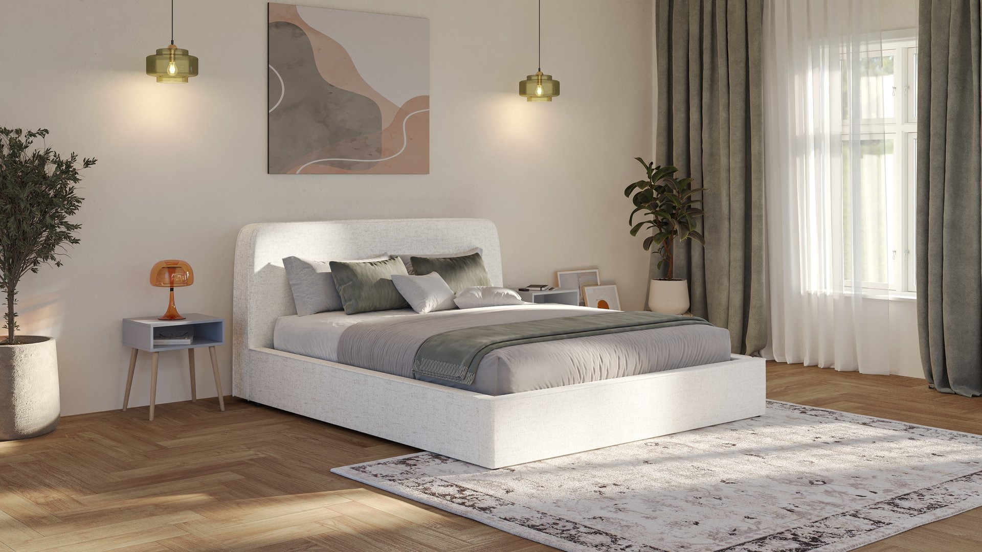 Emma storage bed in sand upholstery with curved headboard, styled with green and grey bedding in a warm bedroom setting.