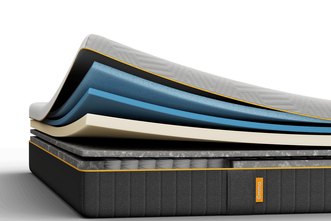 Emma Original Pro mattress layers view showing multiple foam and spring layers with gold trim detailing.
