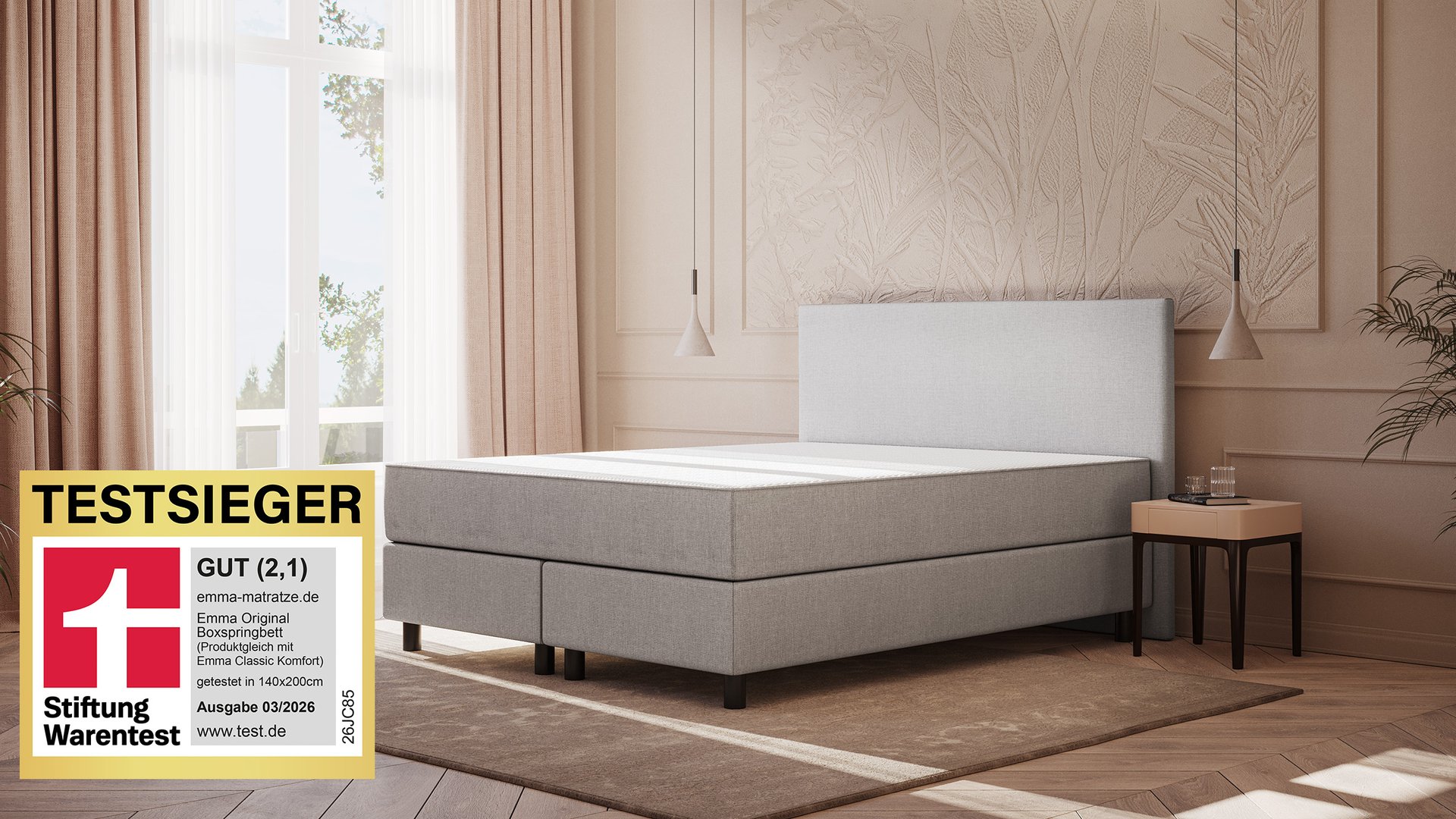 Emma Original Boxspringbett Komfort 140x200cm - hellgrau - Füße Schwarz - Kopfteil klassisch