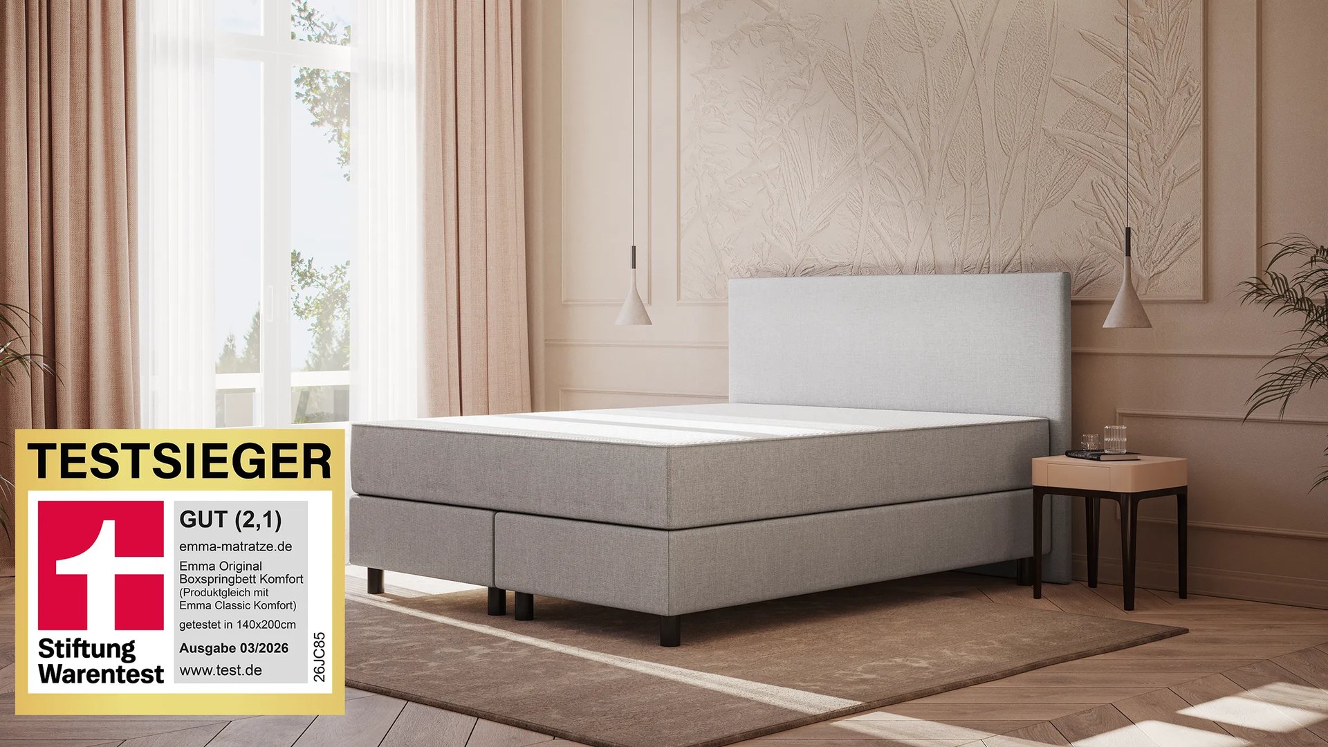 Emma Original Boxspringbett Komfort 140x200cm - hellgrau - Füße Schwarz - Kopfteil klassisch