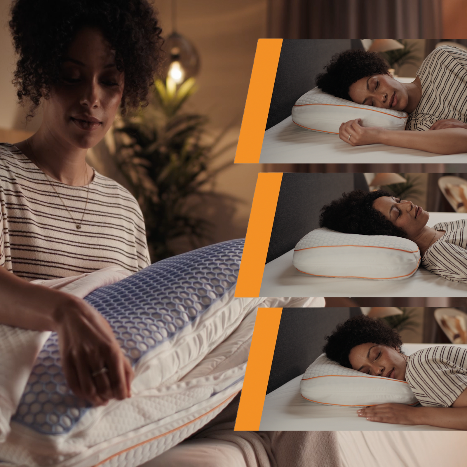 Woman examining Emma Performance Hybrid Pillow layers beside three insets showing her sleeping at different positions.