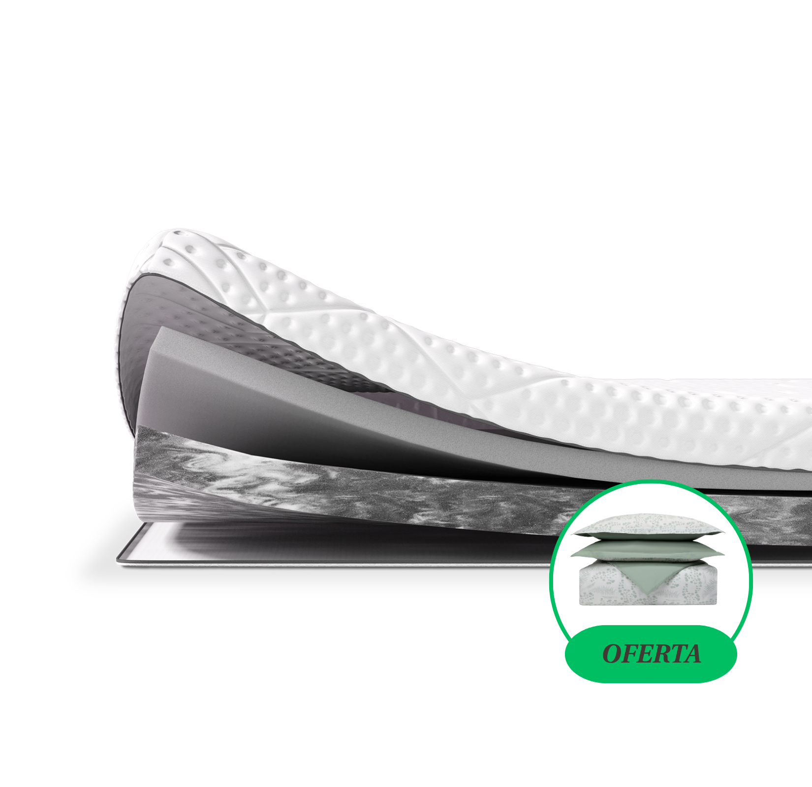   Uma imagem do sobrecolchão Emma com detalhes das camadas visiveis