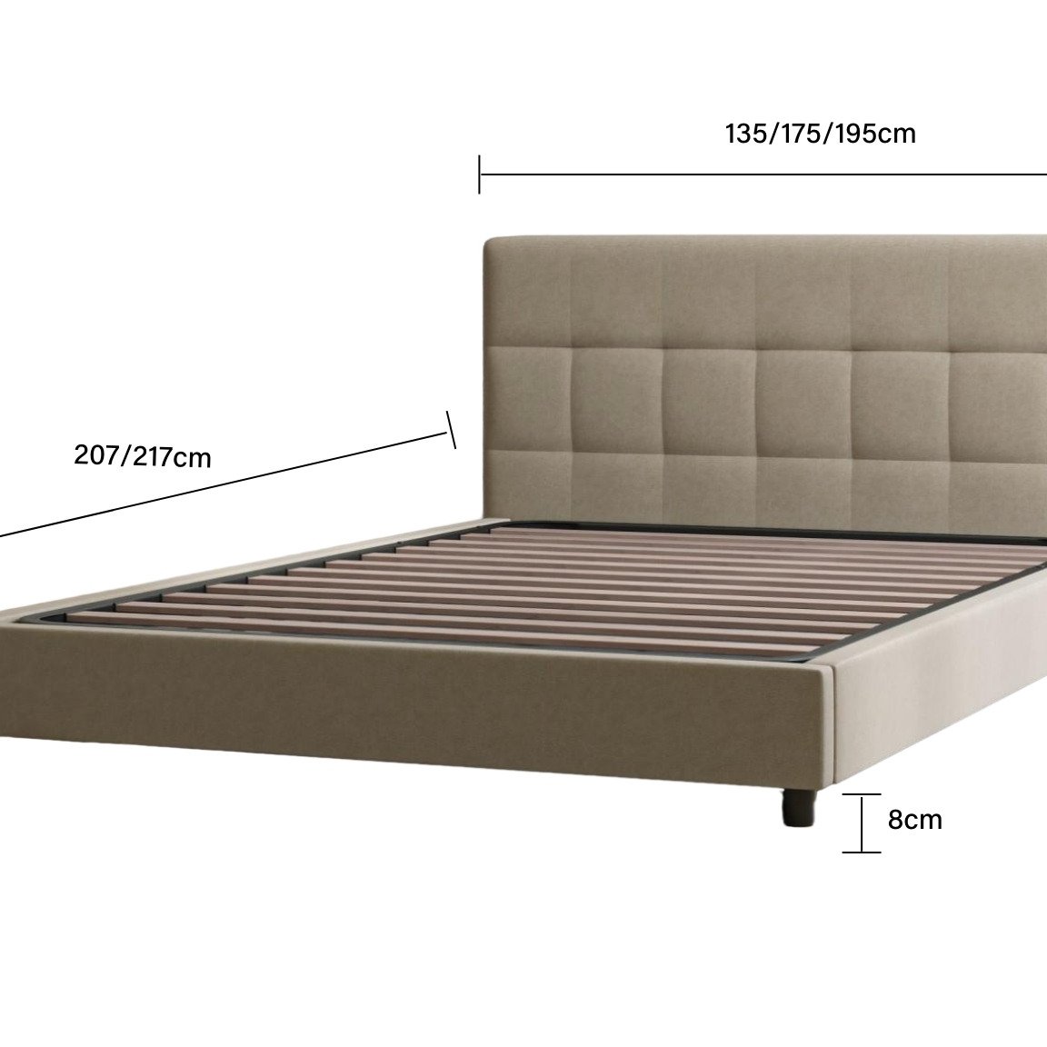 Letto con misure indicate: larghezza 135/175/195 cm, lunghezza 207/217 cm, altezza testiera 104 cm, altezza base da terra 30 cm