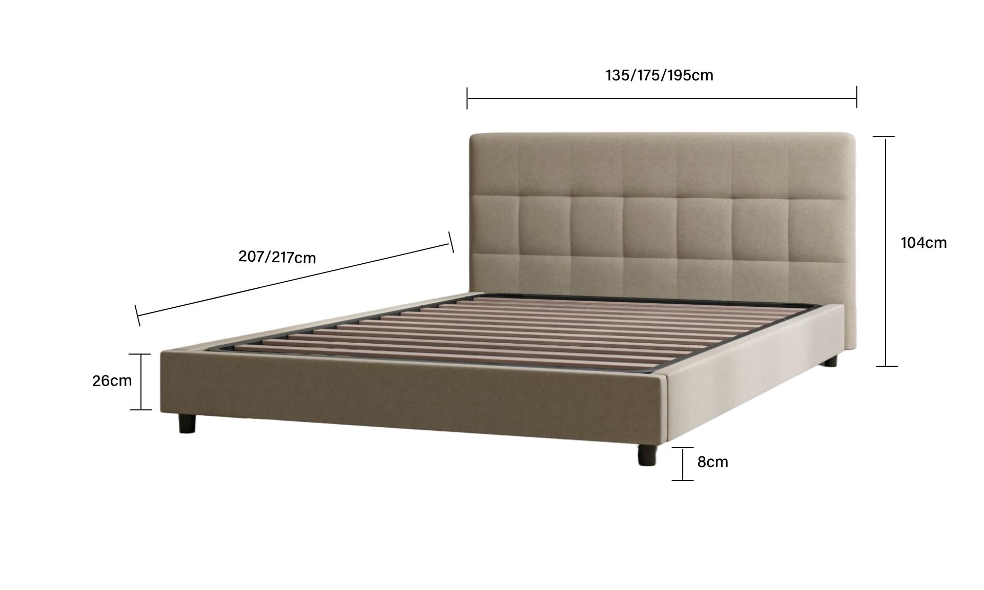 Letto con misure indicate: larghezza 135/175/195 cm, lunghezza 207/217 cm, altezza testiera 104 cm, altezza base da terra 30 cm