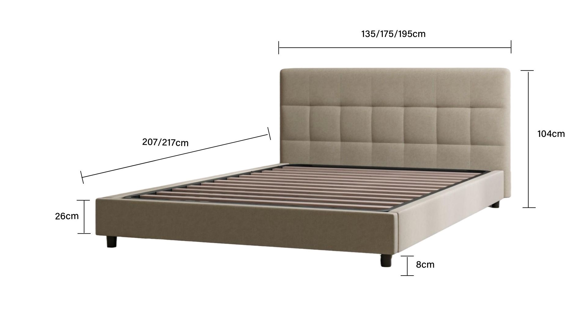 Letto con misure indicate: larghezza 135/175/195 cm, lunghezza 207/217 cm, altezza testiera 104 cm, altezza base da terra 30 cm