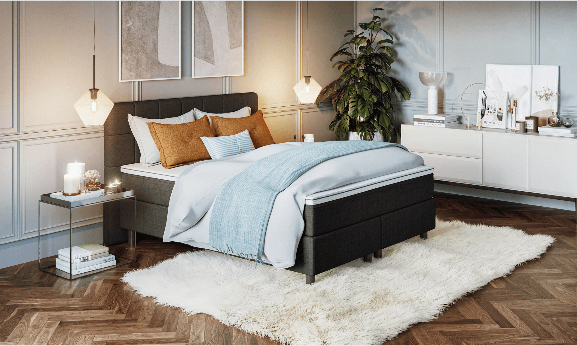vue latérale du lit boxspring Deluxe avec tête de lit gris clair