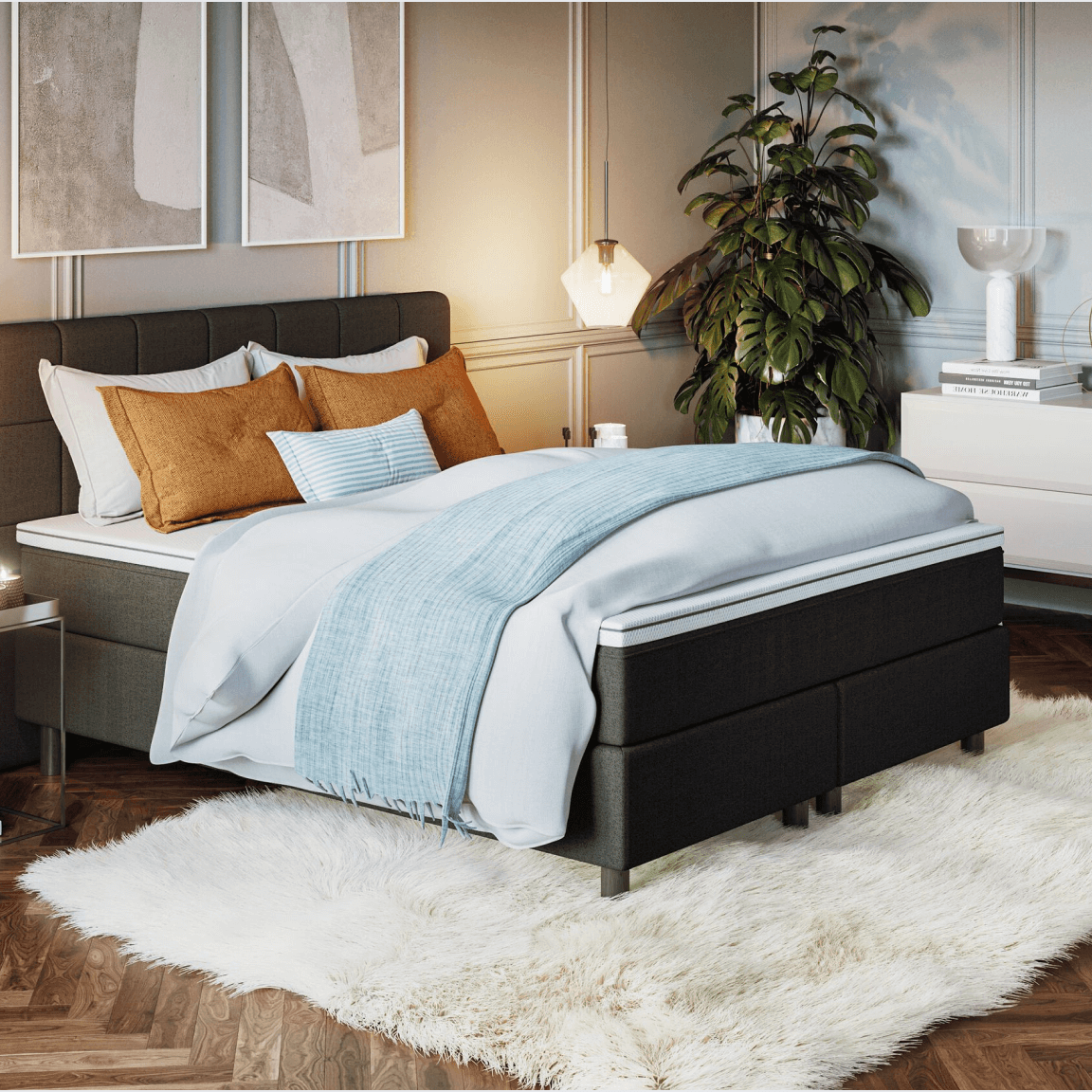 vue latérale du lit boxspring Deluxe avec tête de lit gris clair