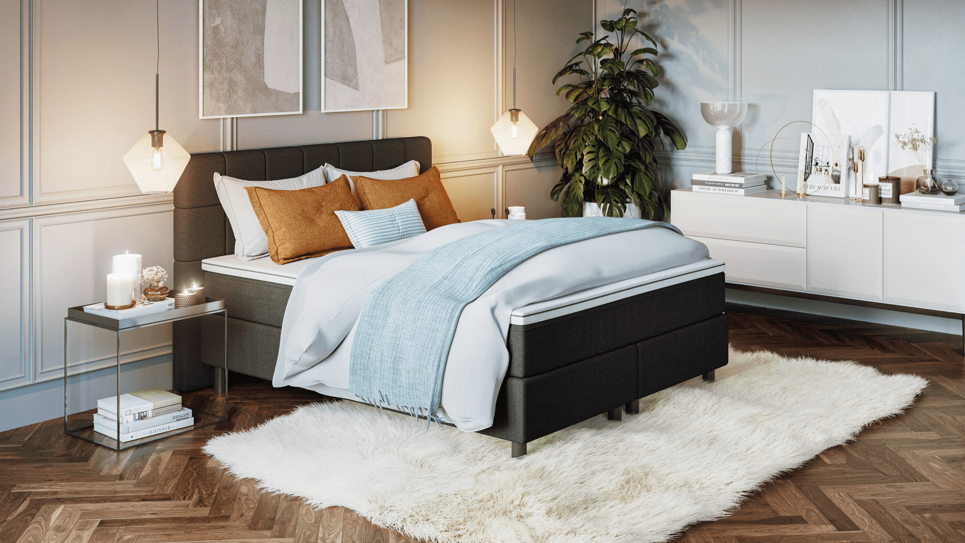 vue latérale du lit boxspring Deluxe avec tête de lit gris clair