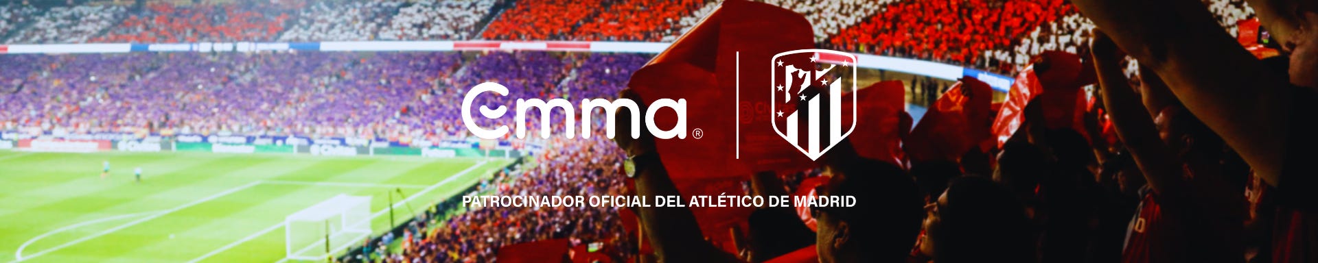 Patrocinio oficial de emma con el atlético de madrid, logos sobre el estadio