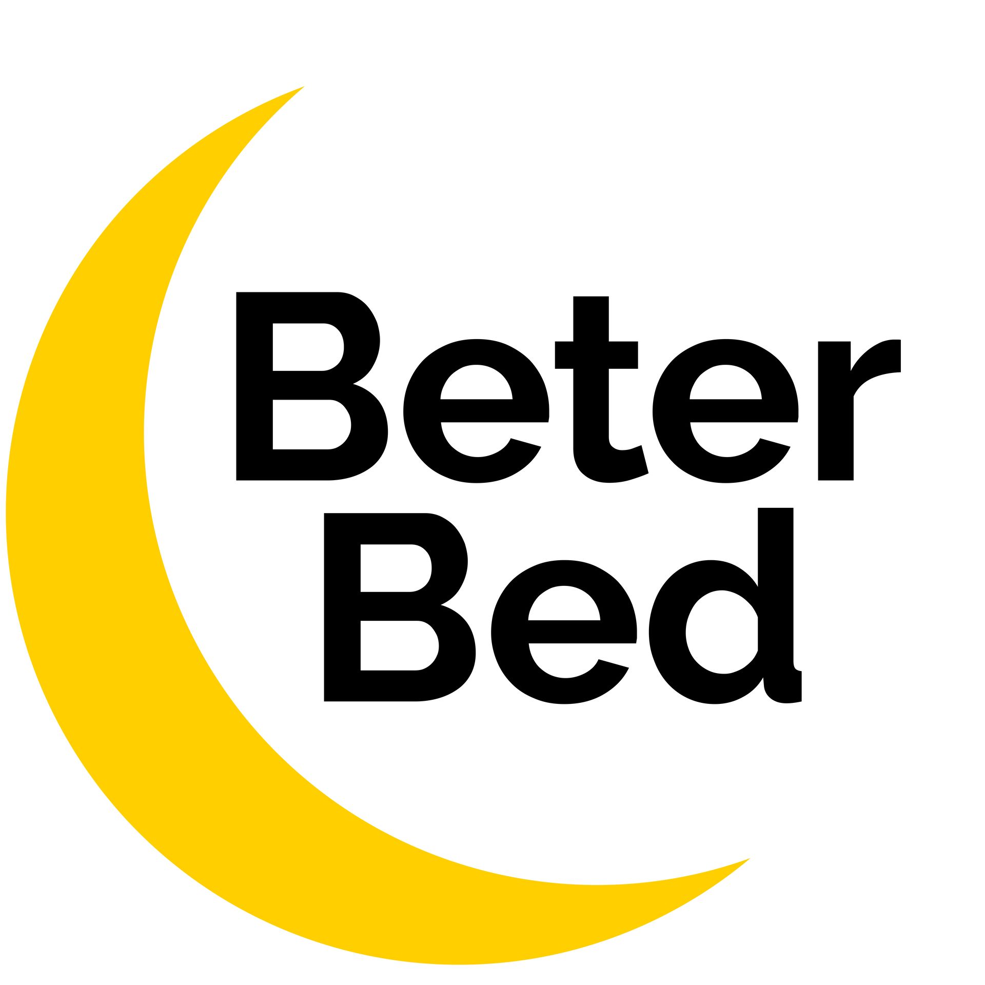 Logo van Beter Bed met zwarte letters en een gele halve maan aan de linkerkant.