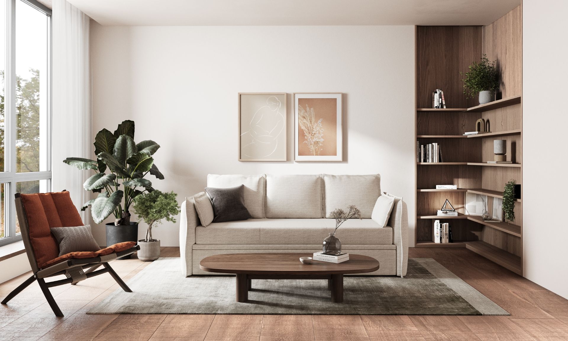 Sofa cama emma beige con 3 almohadones en comedor