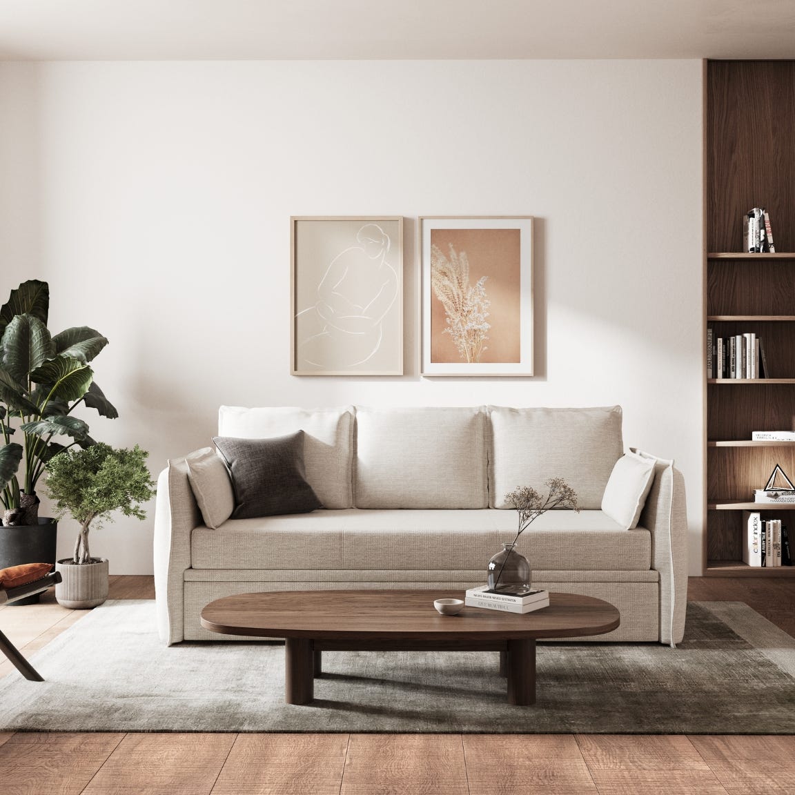 Sofa cama emma beige con 3 almohadones en comedor