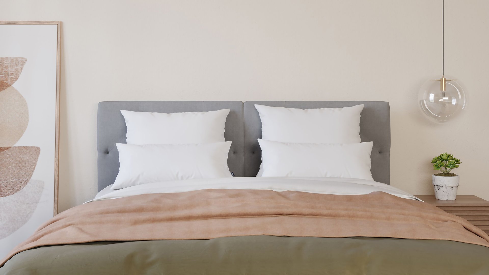 4 almohadas microfibra blancas en cama tapizada gris