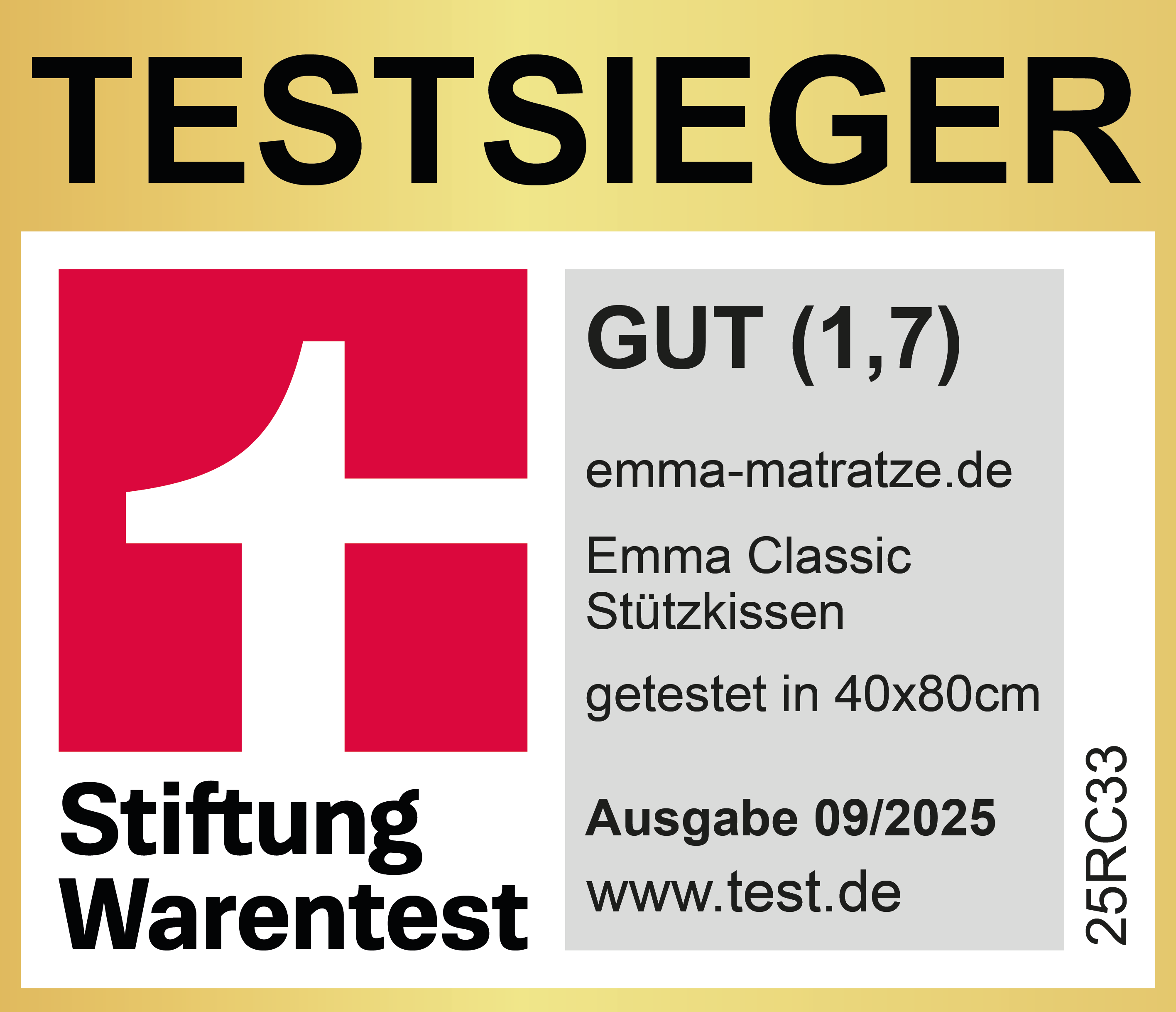 Stiftung Warentest Siegel für Emma Classic Stützkissen, Note 1,7, Größe 40x80 cm, Ausgabe 09/2025.