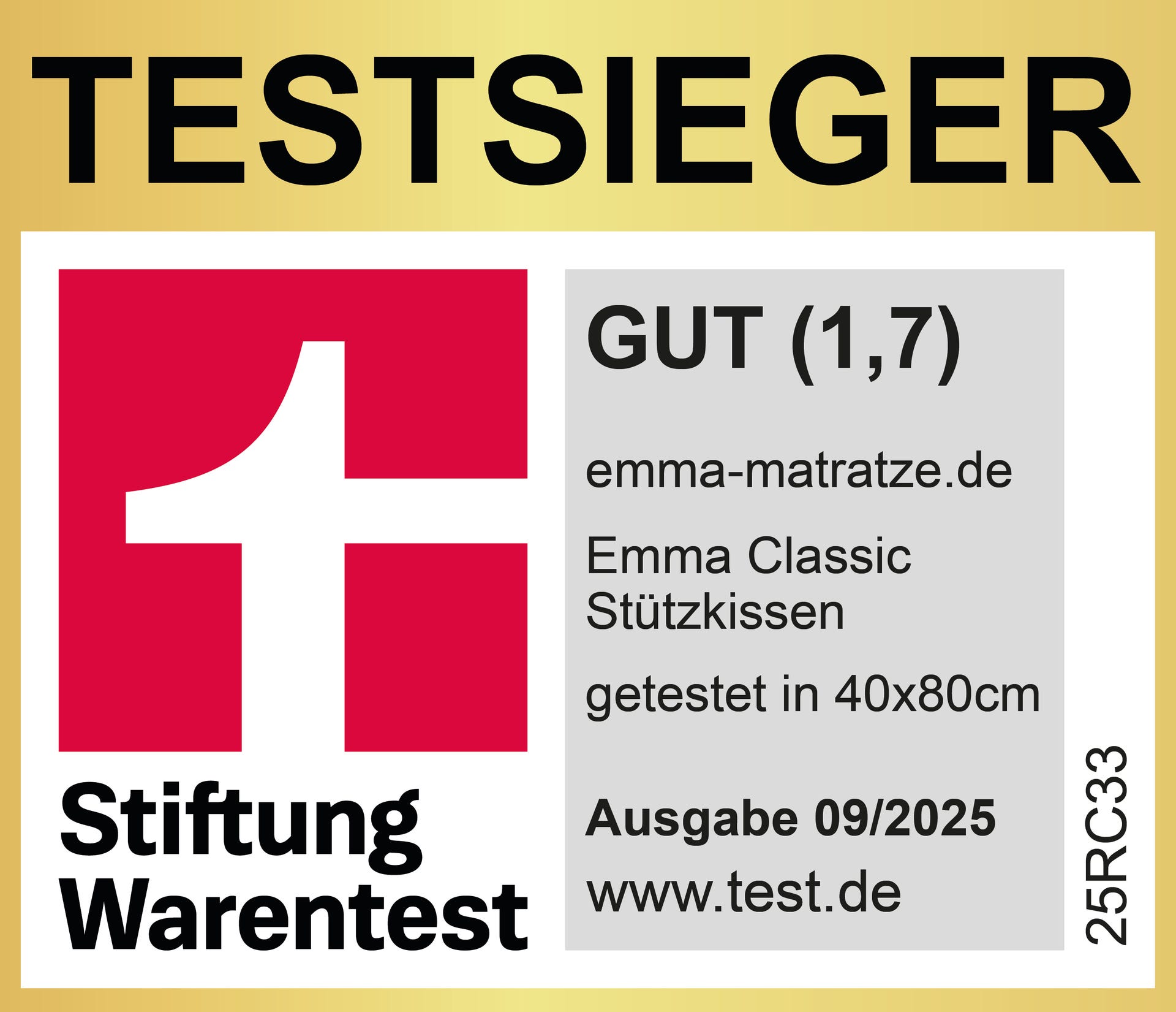 Stiftung Warentest Siegel für Emma Classic Stützkissen, Note 1,7, Größe 40x80 cm, Ausgabe 09/2025.