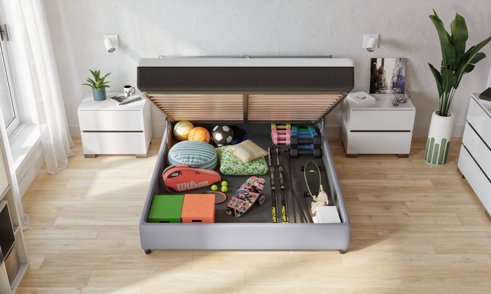 letto matrimoniale in pelle con vano contenitore aperto