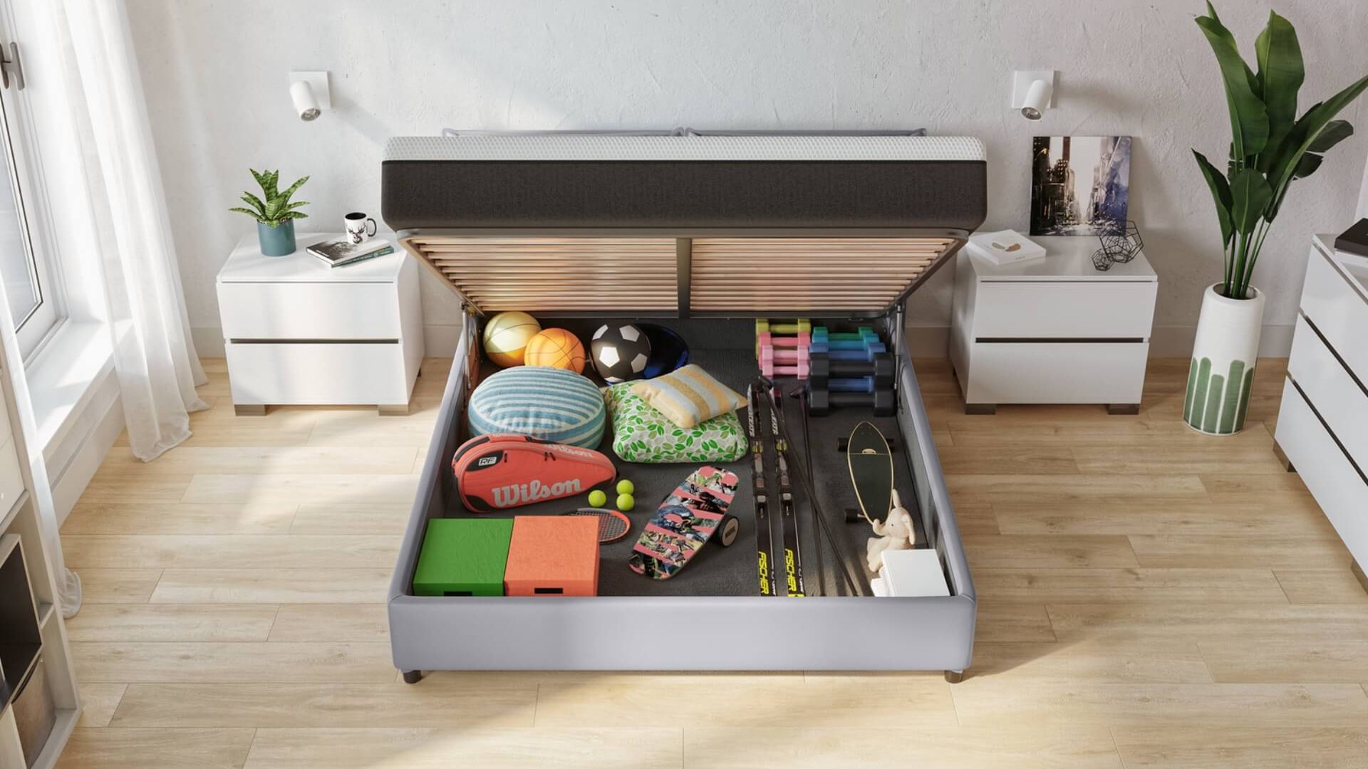 letto matrimoniale in pelle con vano contenitore aperto