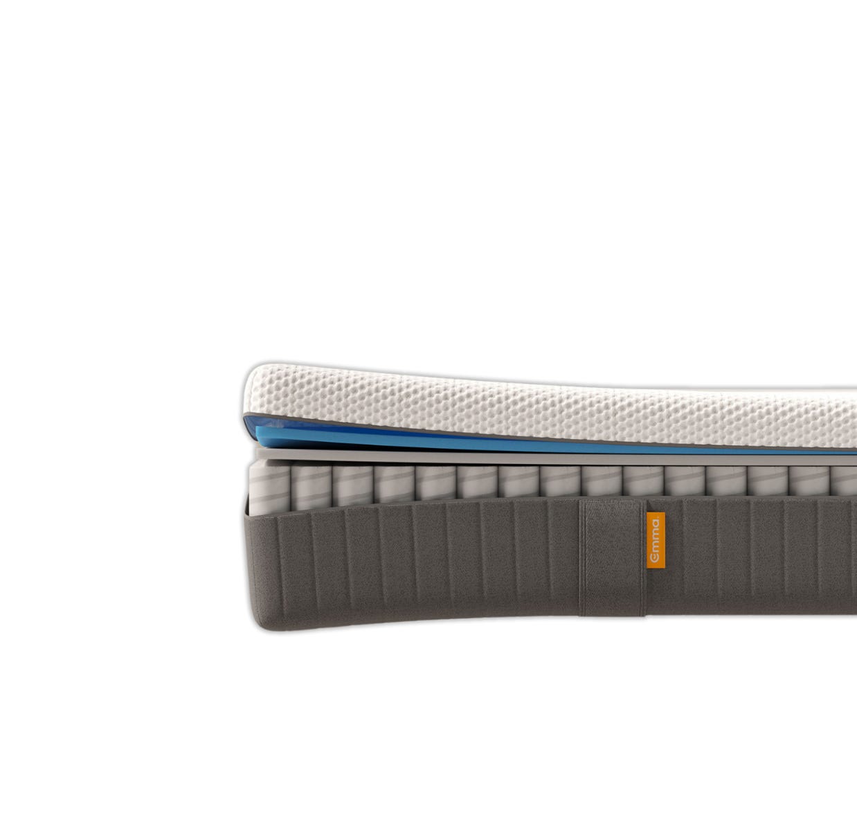 Materasso a strati visibili con molle insacchettate, memory foam blu e grigio, e un'etichetta arancione.