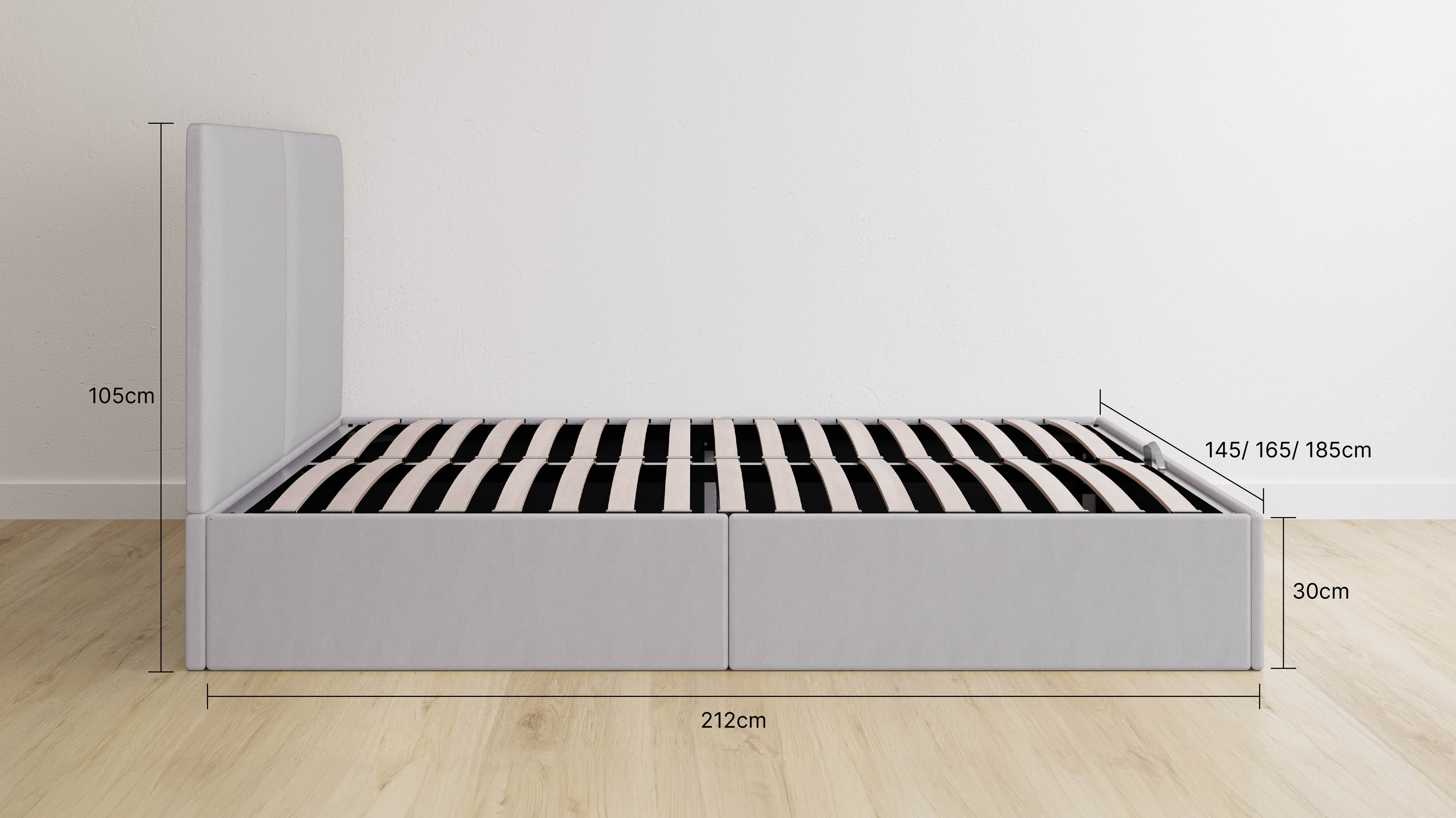 A side view of the Emma Ottoman Storage Bed and its dimentions.